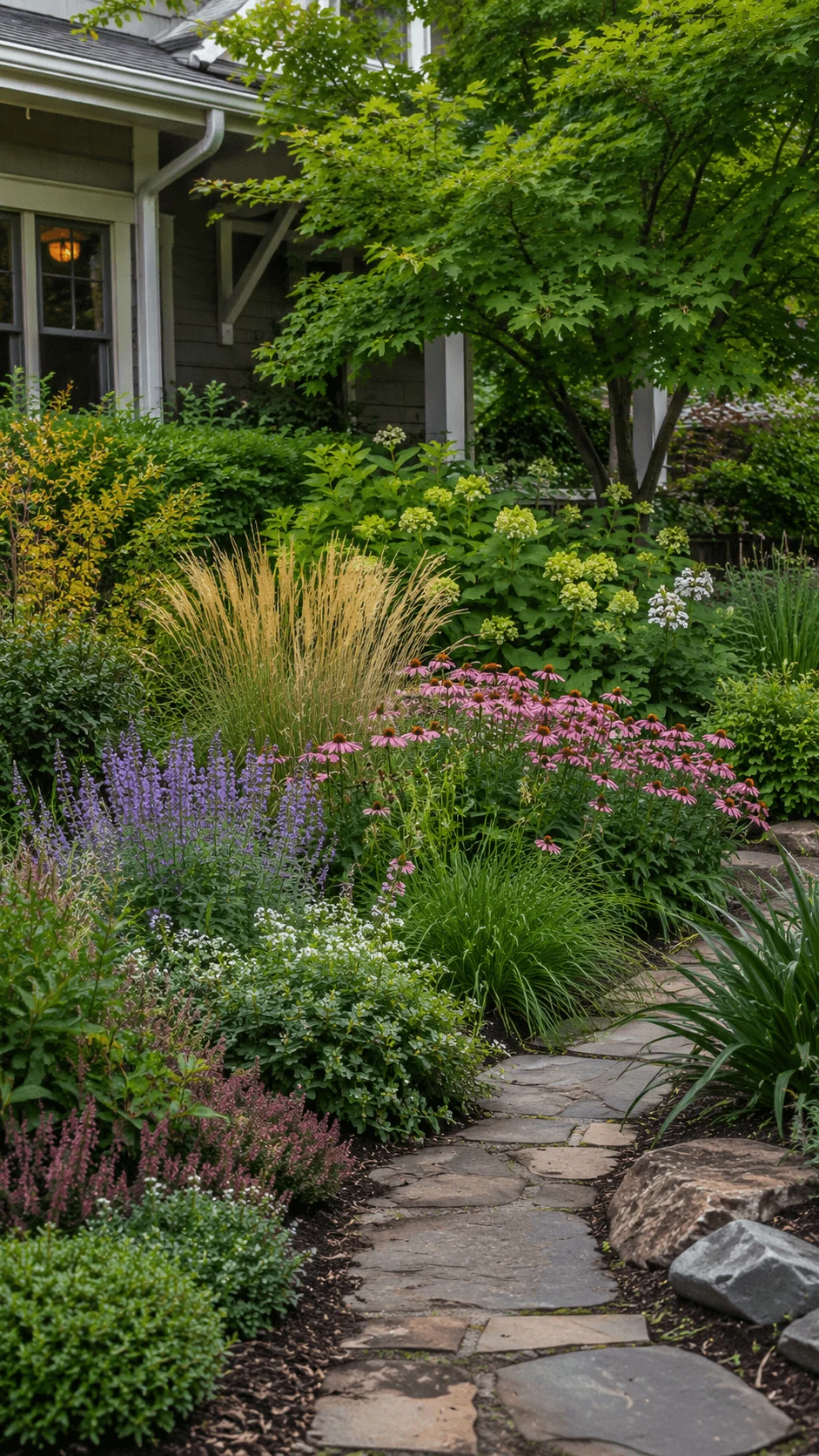 Layered naturalistic front garden with colorful flowering perennials ornamental grasses shrubs leafy trees and a rustic stone pathway leading through lush planting