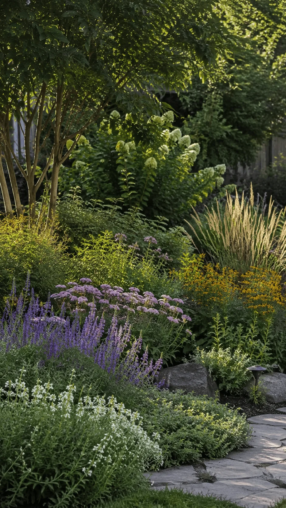Layered naturalistic garden with flowering perennials ornamental grasses shrubs and trees surrounding a stone pathway
