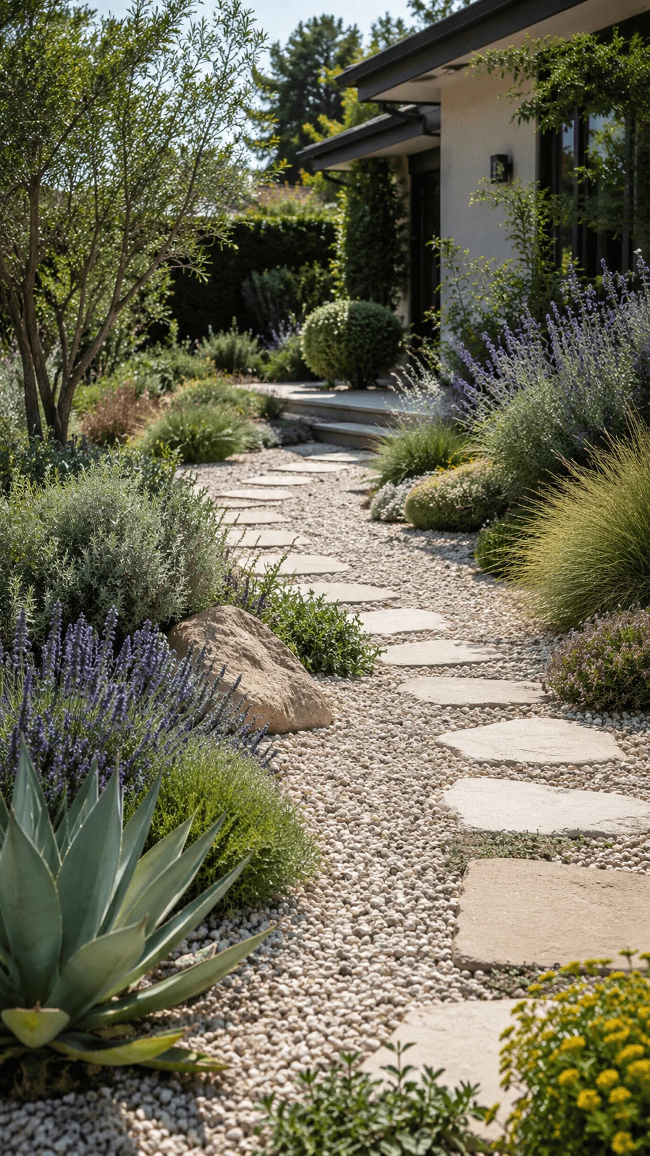 Low maintenance eco friendly gravel garden with drought tolerant plants, ornamental grasses, lavender, agave, stepping stones, and natural landscaping beside a modern home