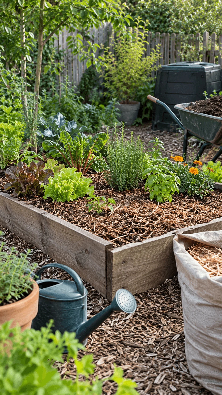 No dig sustainable garden bed with leafy vegetables, herbs, flowers, organic mulch, compost bin, watering can, and wheelbarrow in a lush backyard garden