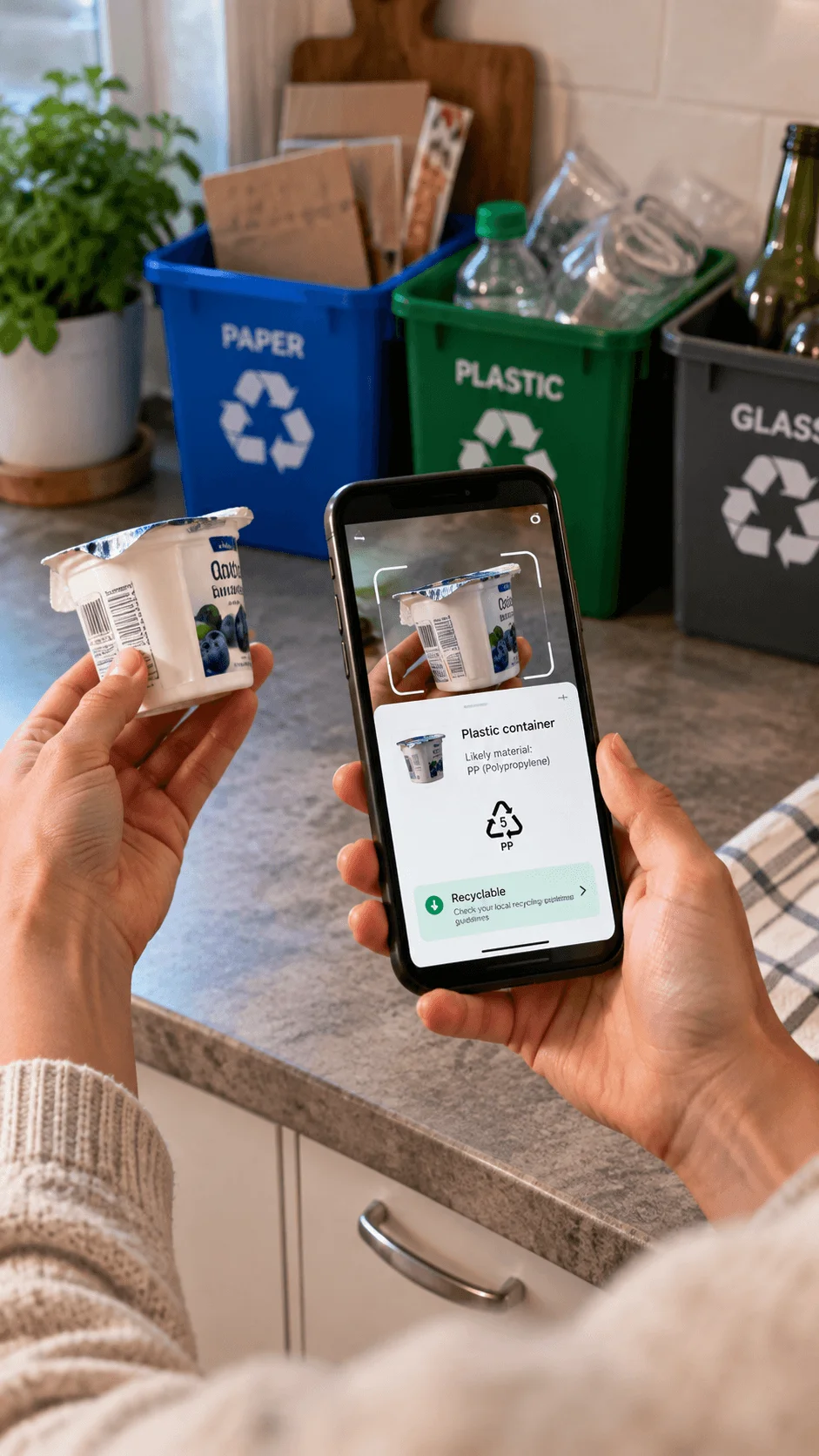 Person using a smartphone waste recognition app to scan a plastic yogurt container beside separate recycling bins for paper plastic and glass in a modern kitchen