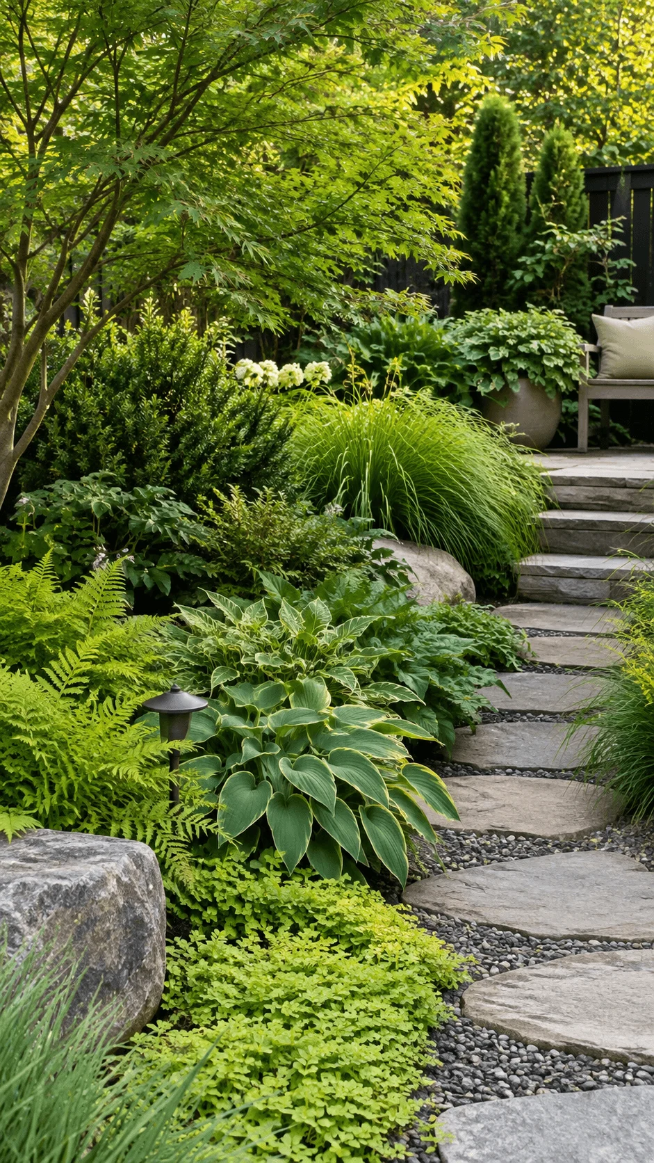 Green on green naturalistic garden with layered foliage, ferns, hostas, ornamental grasses, shrubs, shade trees and a natural stone pathway