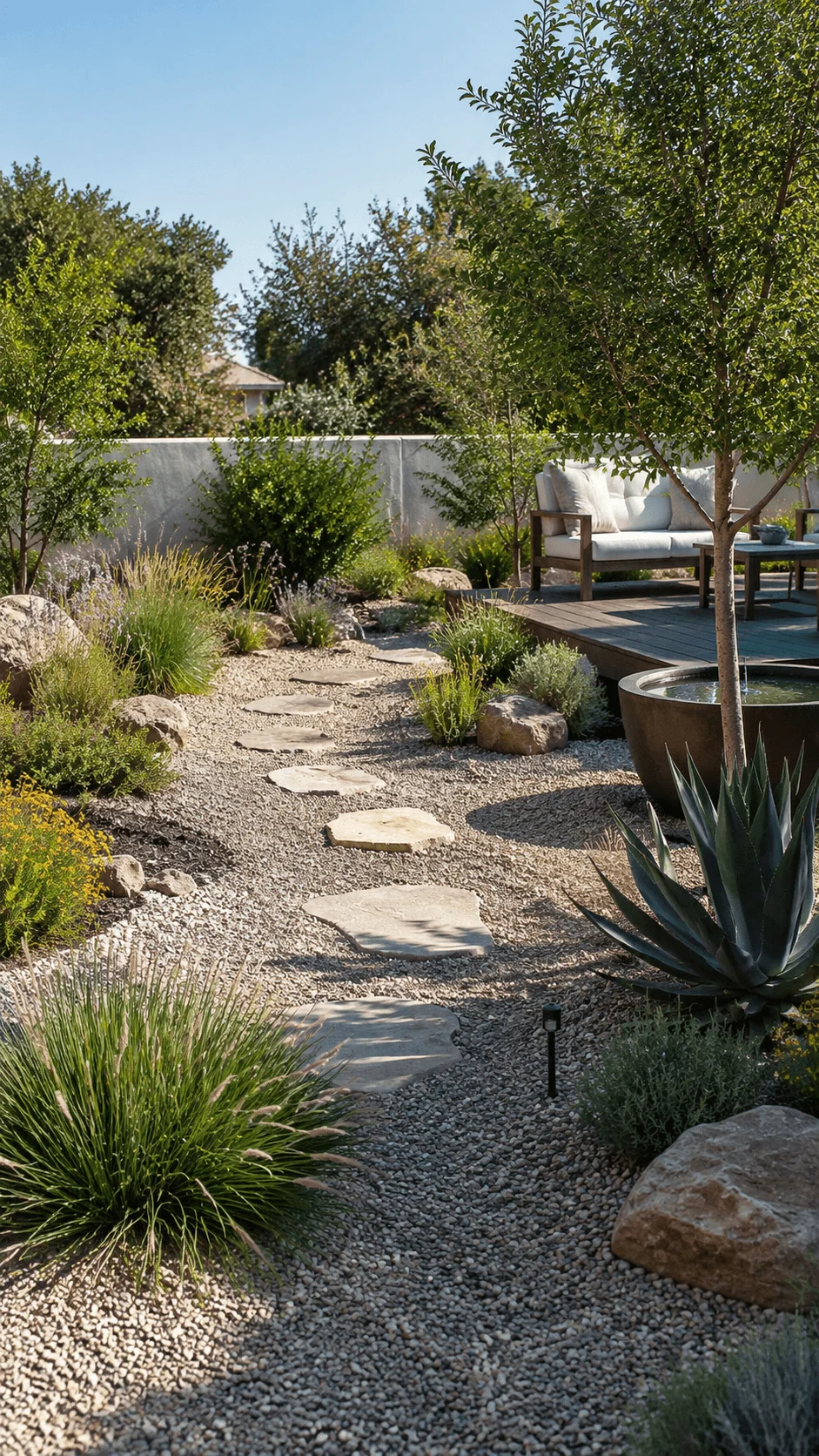Low water gravel garden with drought tolerant plants stepping stones ornamental grasses natural rocks and modern backyard seating area