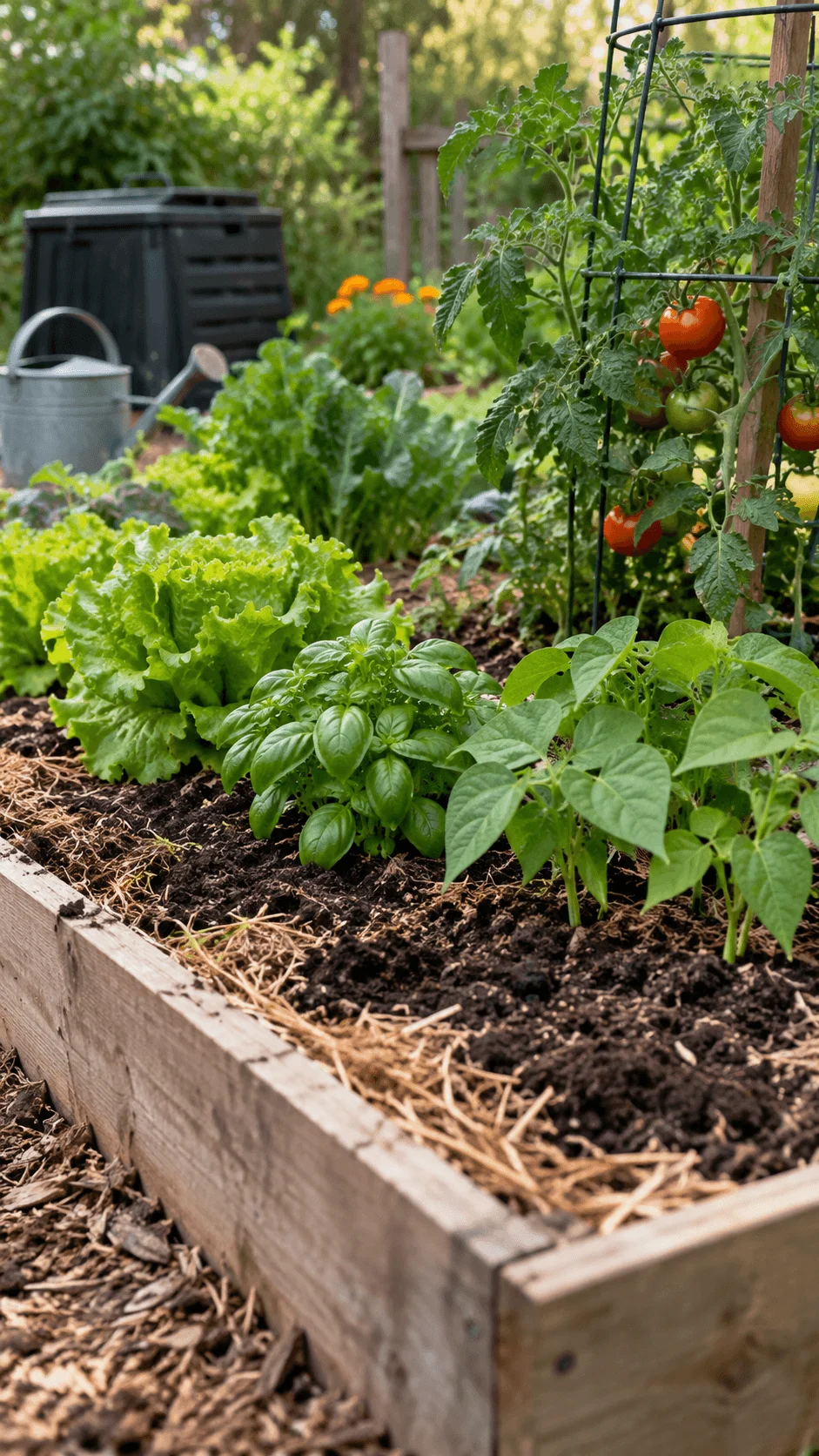 No dig sustainable vegetable garden with raised wooden bed, lettuce, basil, tomatoes, leafy greens, mulch, compost bin, and watering can