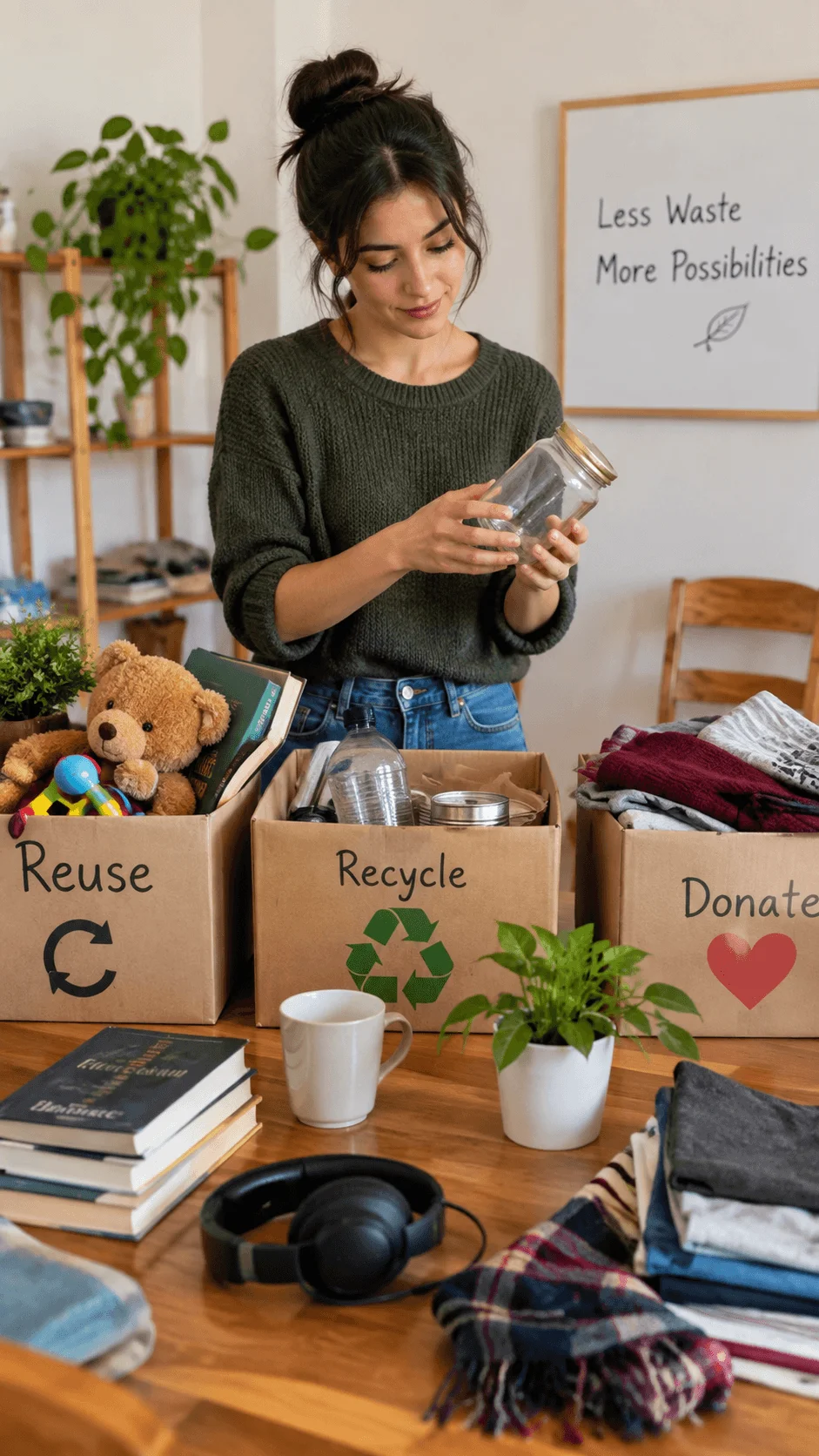 Woman sorting household items into reuse recycle and donate boxes while deciding how to extend the life of a glass jar clothing books toys and other useful objects