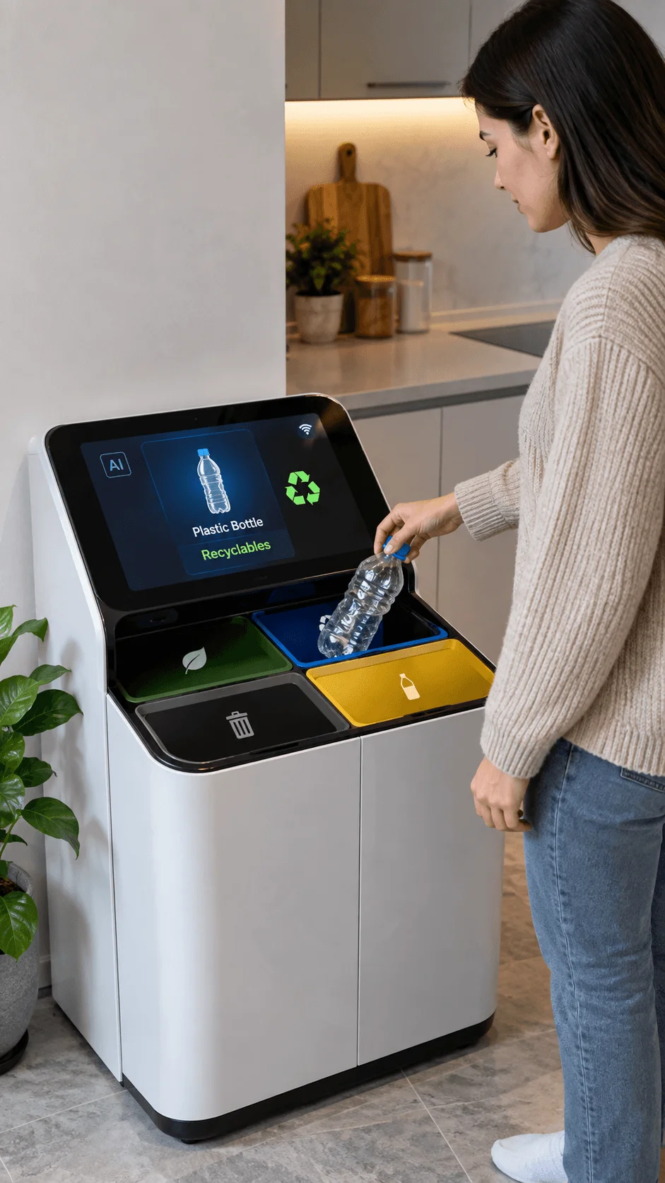 AI assisted eco friendly waste sorting bin identifying a plastic bottle for recycling in a modern home kitchen
