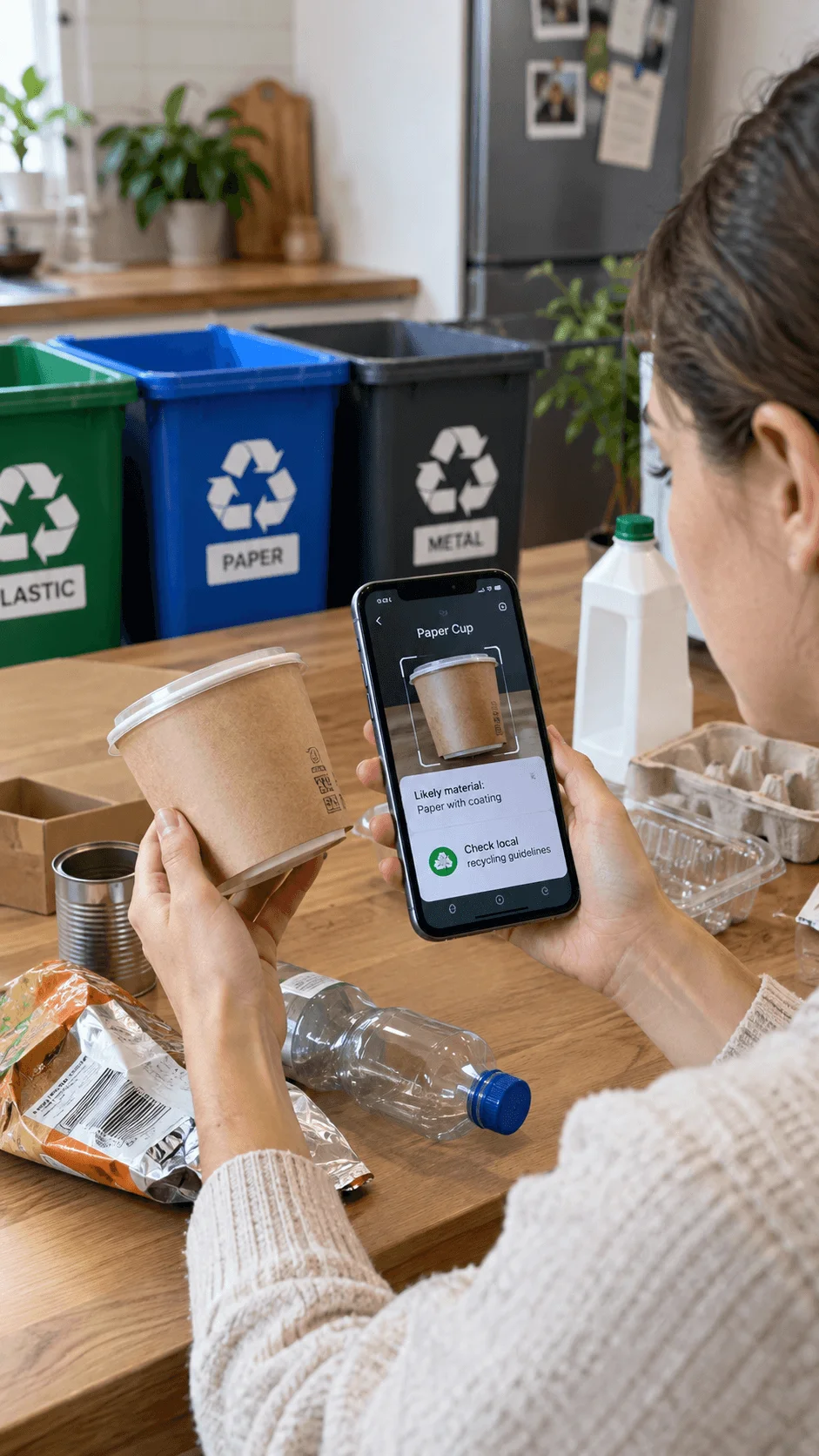Woman using an AI waste sorting app on a smartphone to identify a paper cup while sorting plastic paper and metal recyclables at home