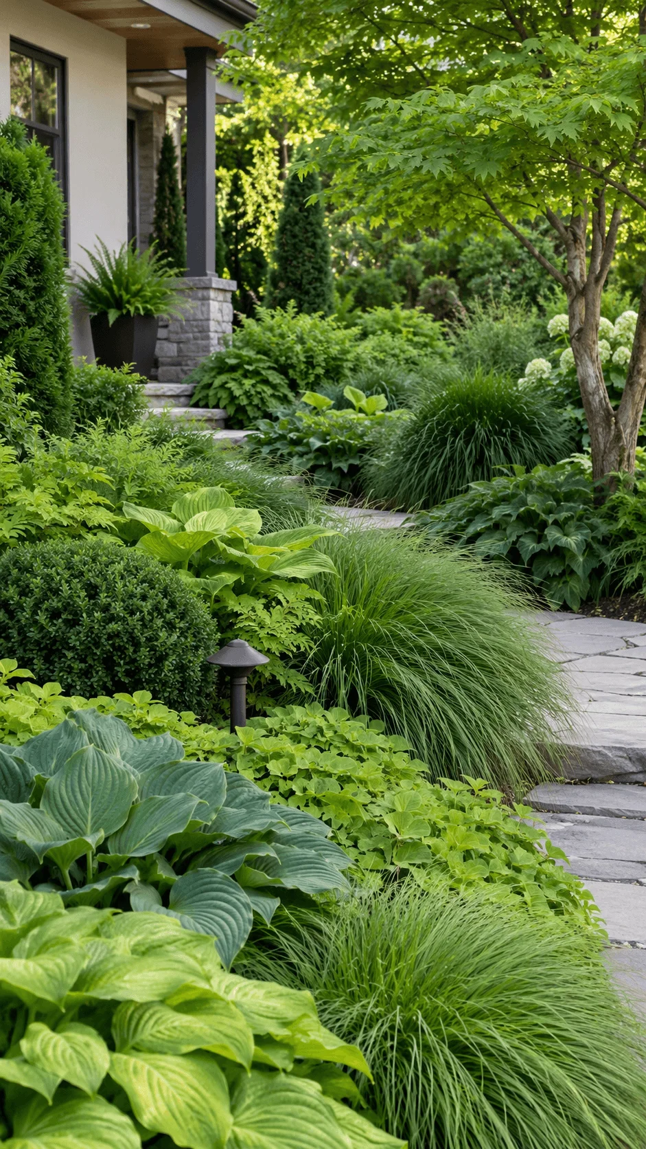 Green on green sustainable garden with layered hostas, ornamental grasses, shrubs, ferns, trees, and a natural stone pathway beside a modern home