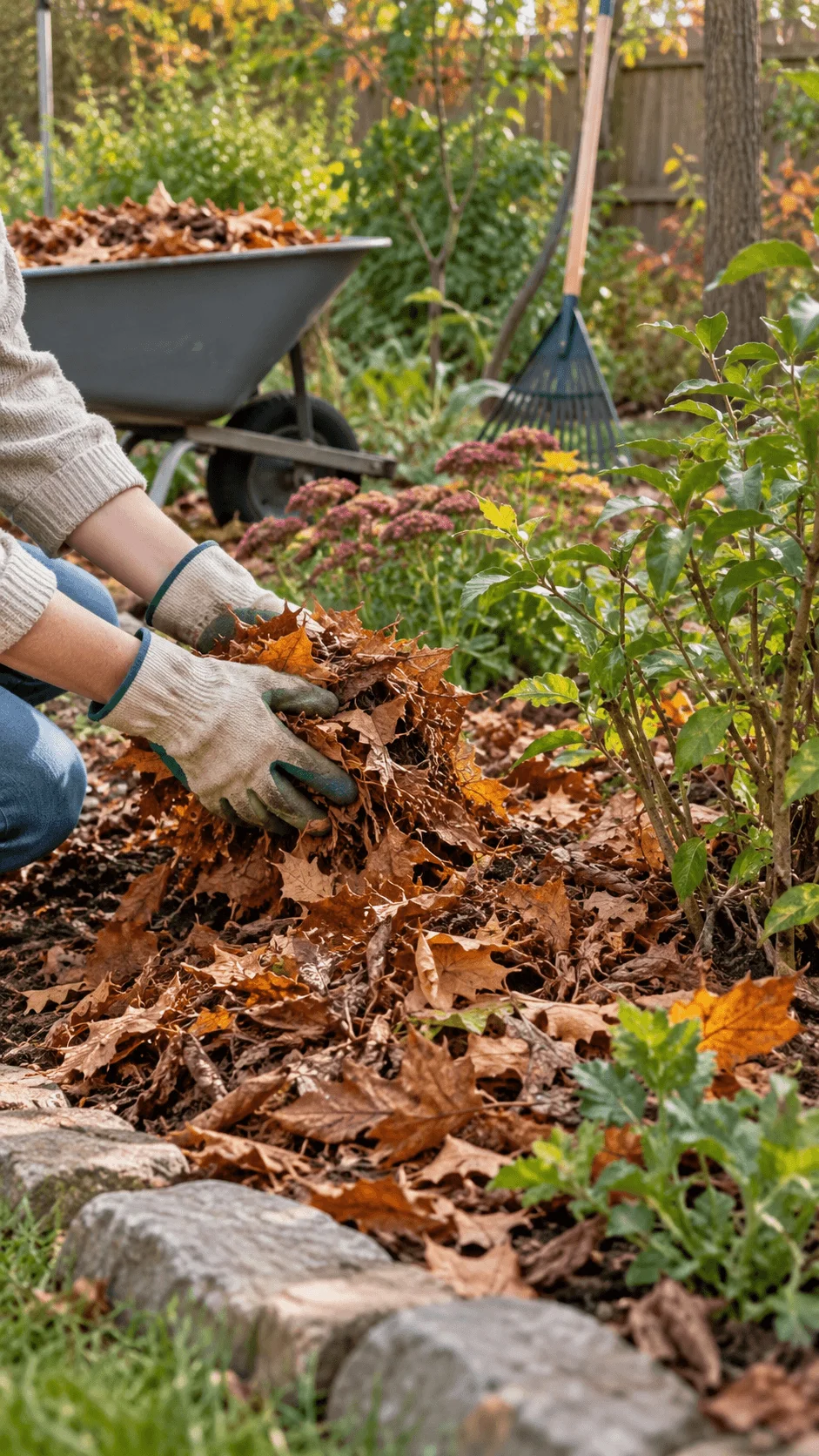 Gardener spreading fallen leaves as free natural mulch around plants in a backyard garden