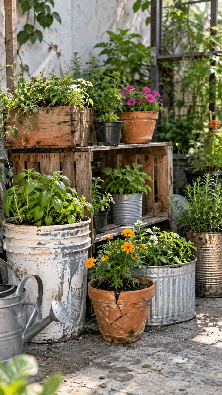 Recycled garden containers with herbs flowers and greenery growing in old buckets wooden crates metal tins and a cracked terracotta pot