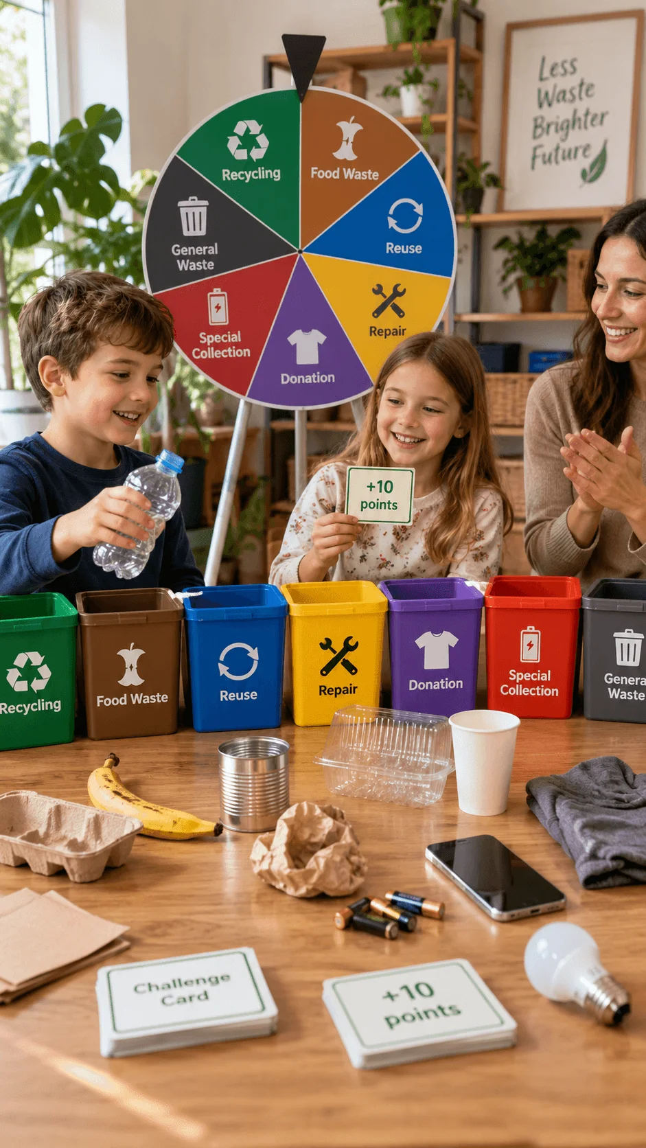 Children playing a gamified waste sorting challenge with recycling food waste reuse repair donation special collection and general waste bins while earning points for correct sorting