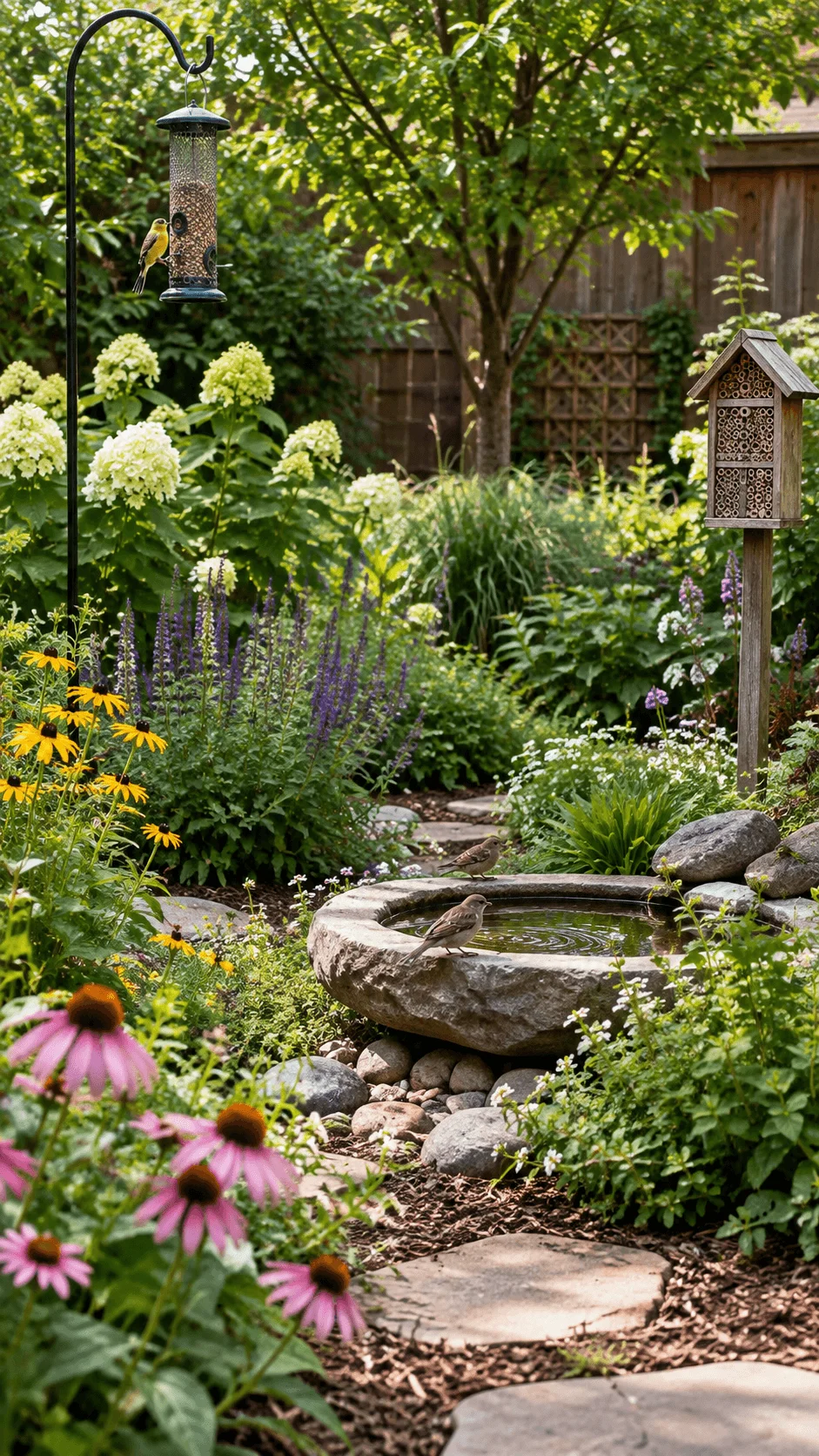 Wildlife friendly backyard garden with native flowers, bird feeder, insect hotel, stone birdbath, shade trees and layered planting for birds and pollinators