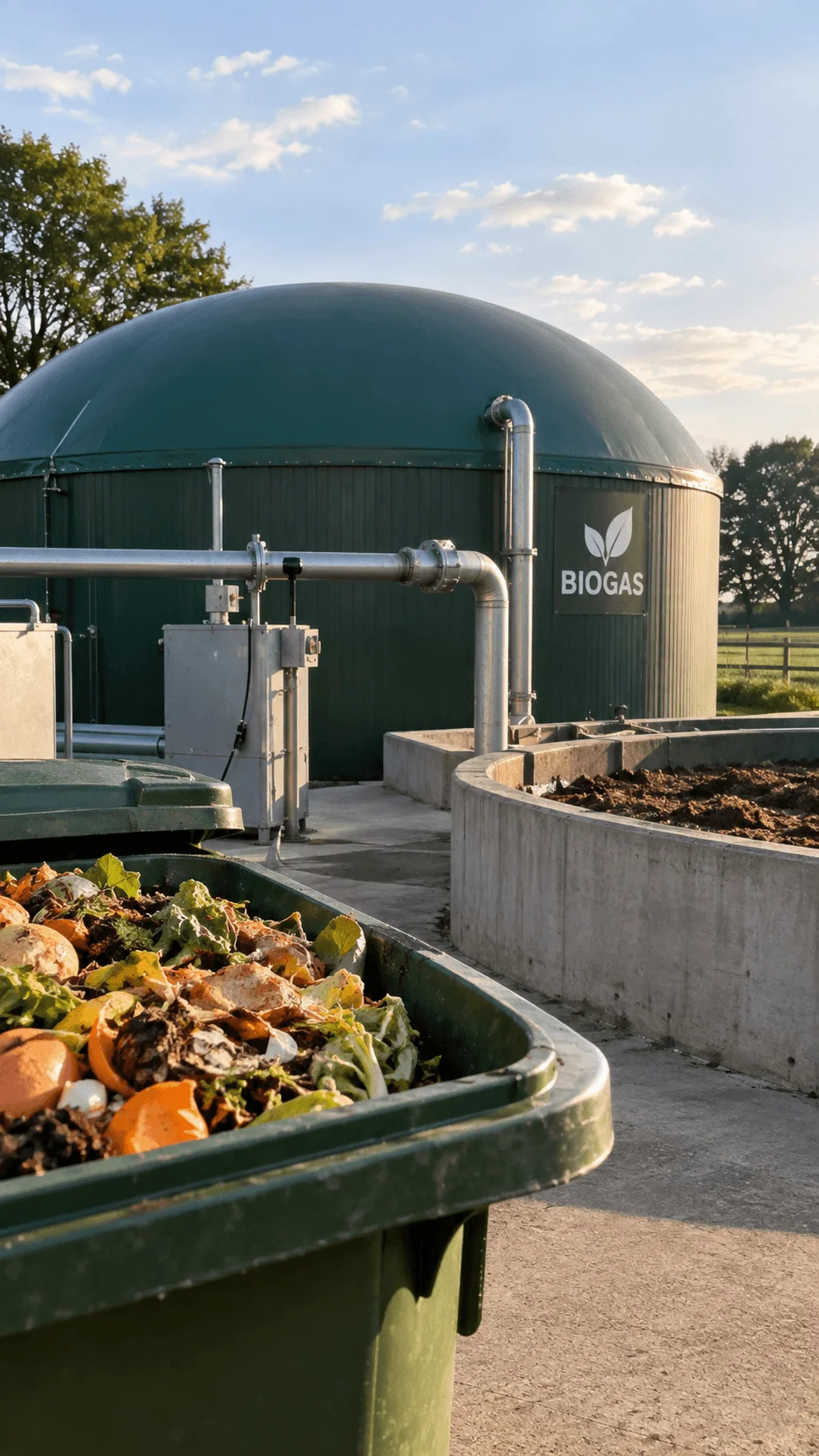 Anaerobic digestion facility turning organic food waste into renewable biogas energy with a large digester tank and processing equipment