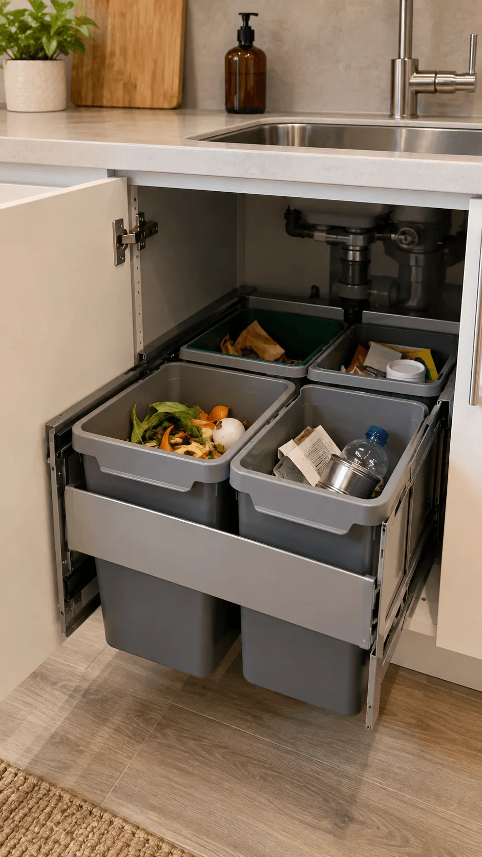 Under sink household waste sorting baskets for food scraps paper plastic and recyclable packaging in a modern kitchen