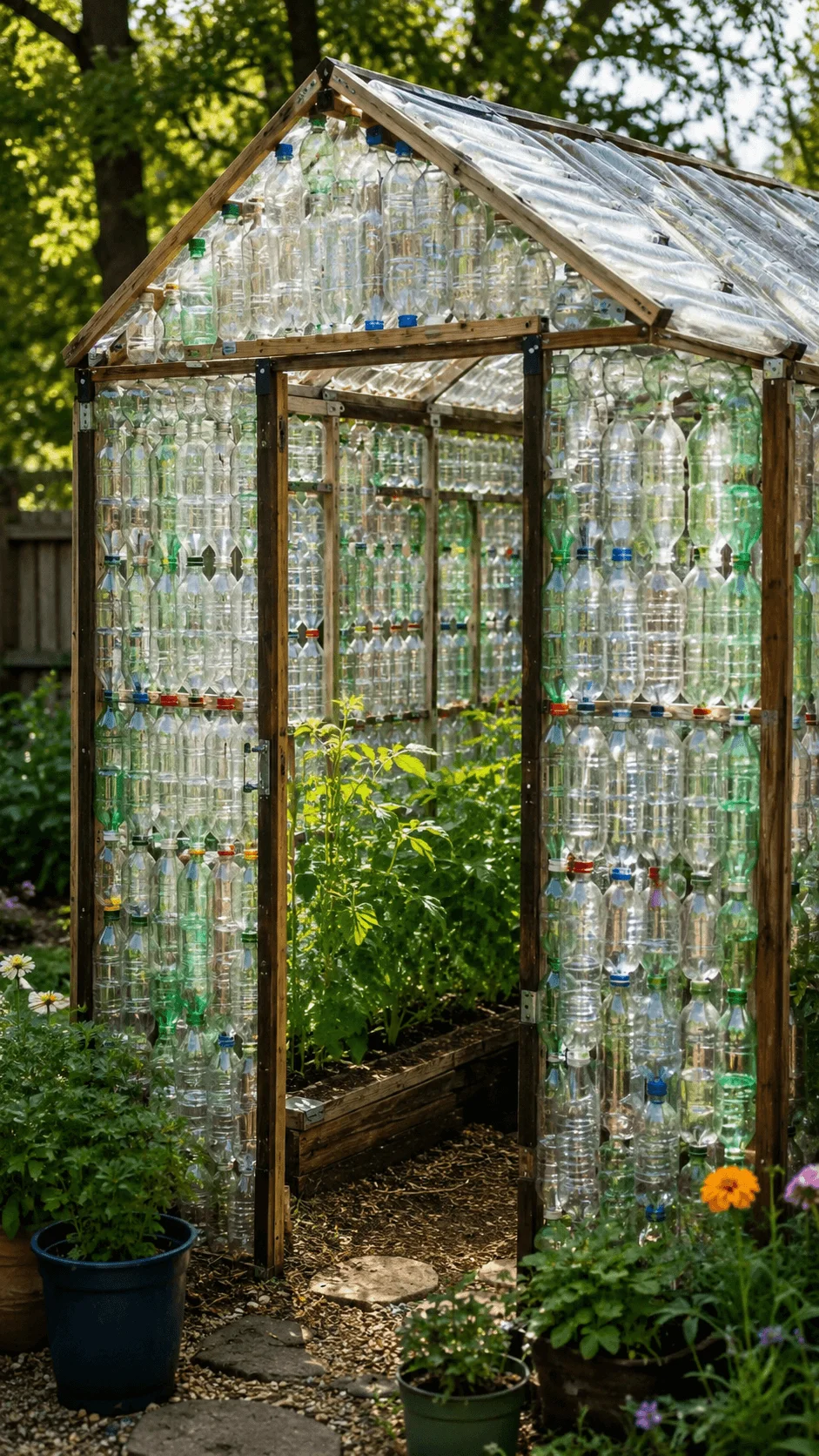Upcycled bottle greenhouse made from reused plastic bottles with a wooden frame and healthy green plants growing inside a school garden