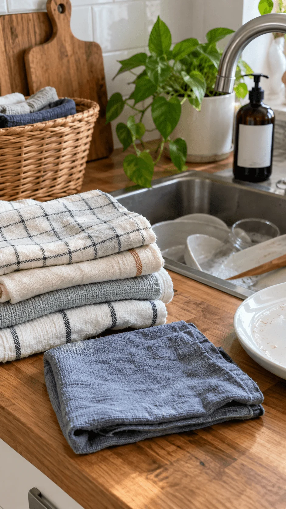 Upcycled cotton cloths and reusable kitchen towels neatly stacked beside a sink as zero waste alternatives to disposable sponges.