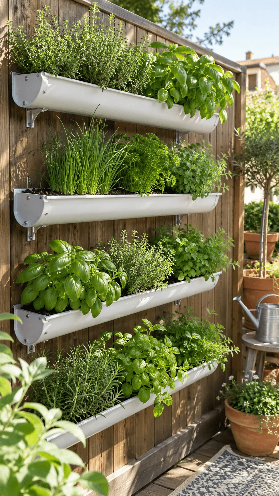 Upcycled rain gutter herb garden mounted on a wooden fence with basil thyme chives parsley rosemary and other fresh herbs growing in vertical planters