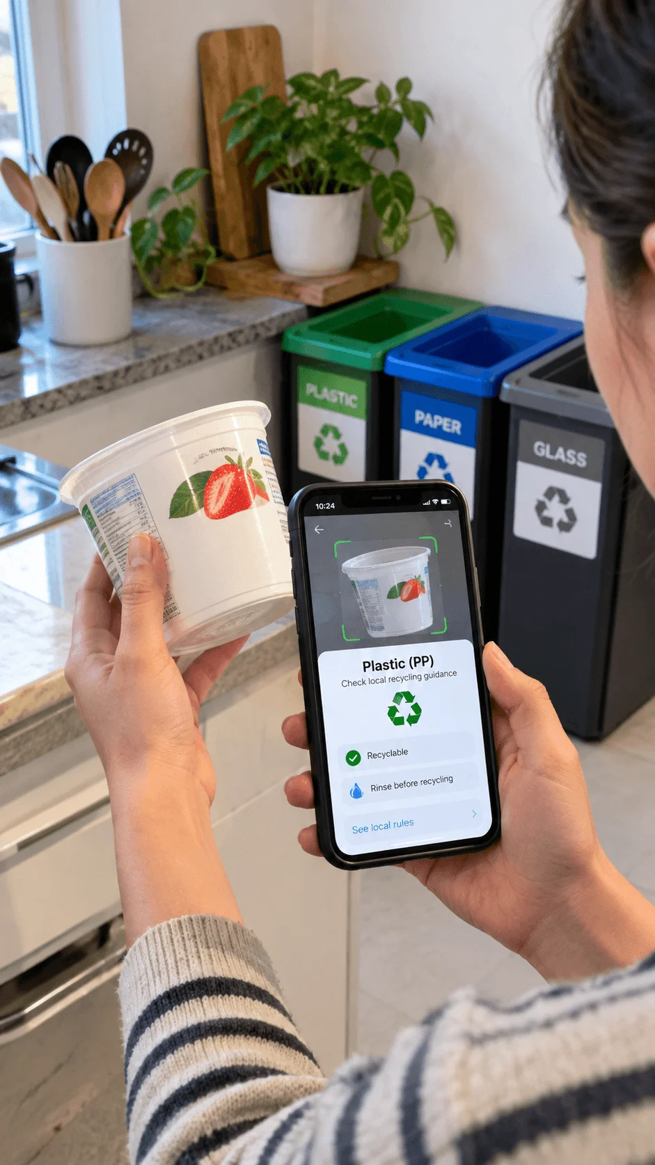 Person using an AI assisted smartphone recycling app to identify a plastic food container while standing beside labeled plastic paper and glass recycling bins in a modern kitchen