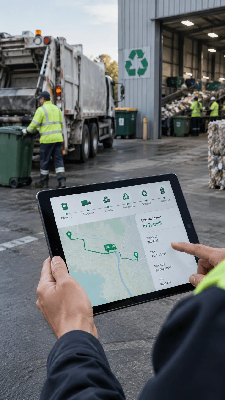 Waste management worker using a tablet to digitally track waste collection transport sorting processing recovery and disposal at a recycling facility