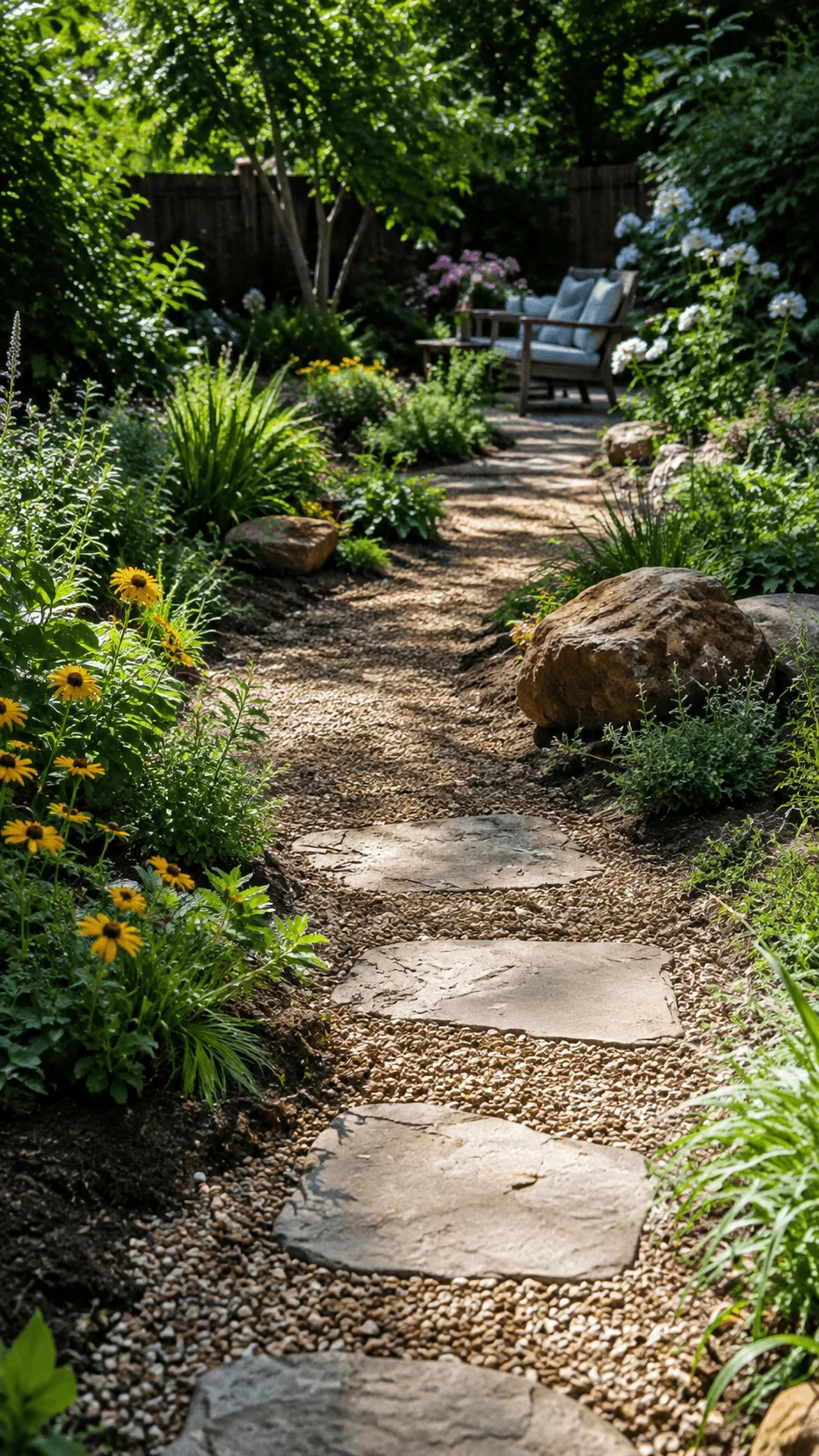 Eco friendly permeable garden path with gravel stepping stones native plants natural rocks and shaded backyard seating area