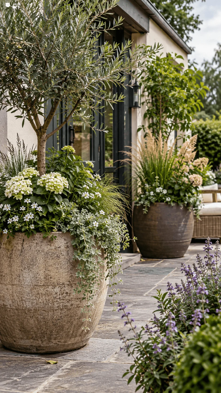 Large garden pots with an olive tree hydrangeas ornamental grasses trailing foliage and perennial flowers on a modern patio