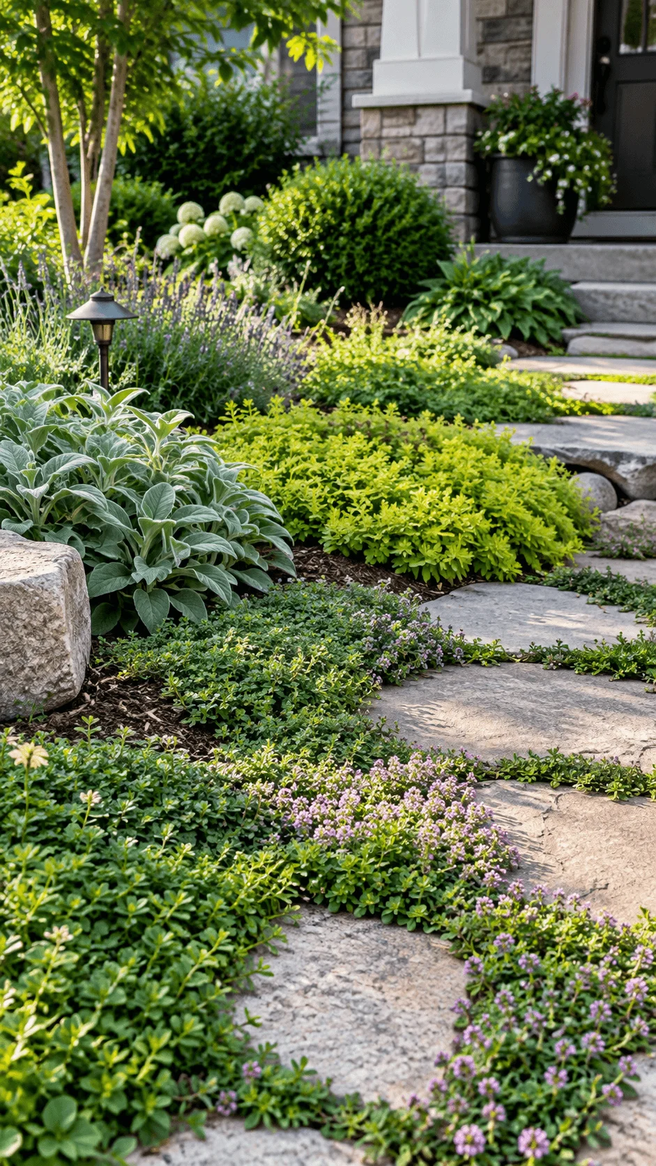 Low maintenance eco garden with living ground covers, creeping flowering plants, lush foliage, natural stone pathway, shrubs, and layered front yard landscaping