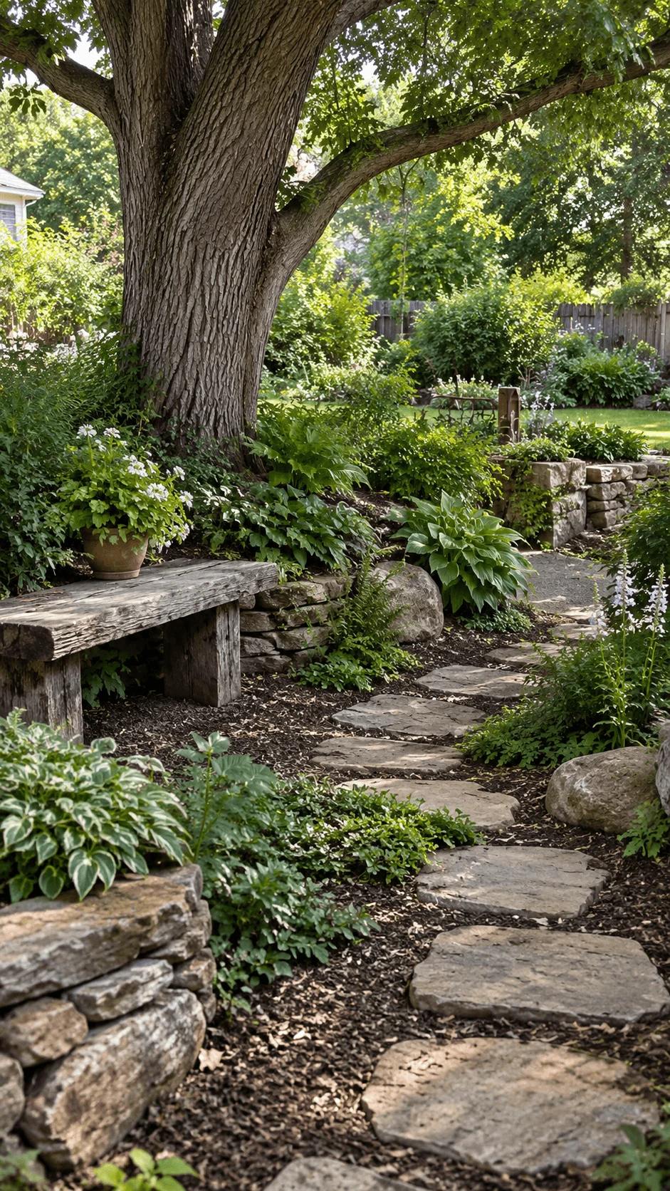 Natural and reclaimed garden features beneath a mature tree with stone pathway rustic wooden bench hostas ferns rocks and woodland planting