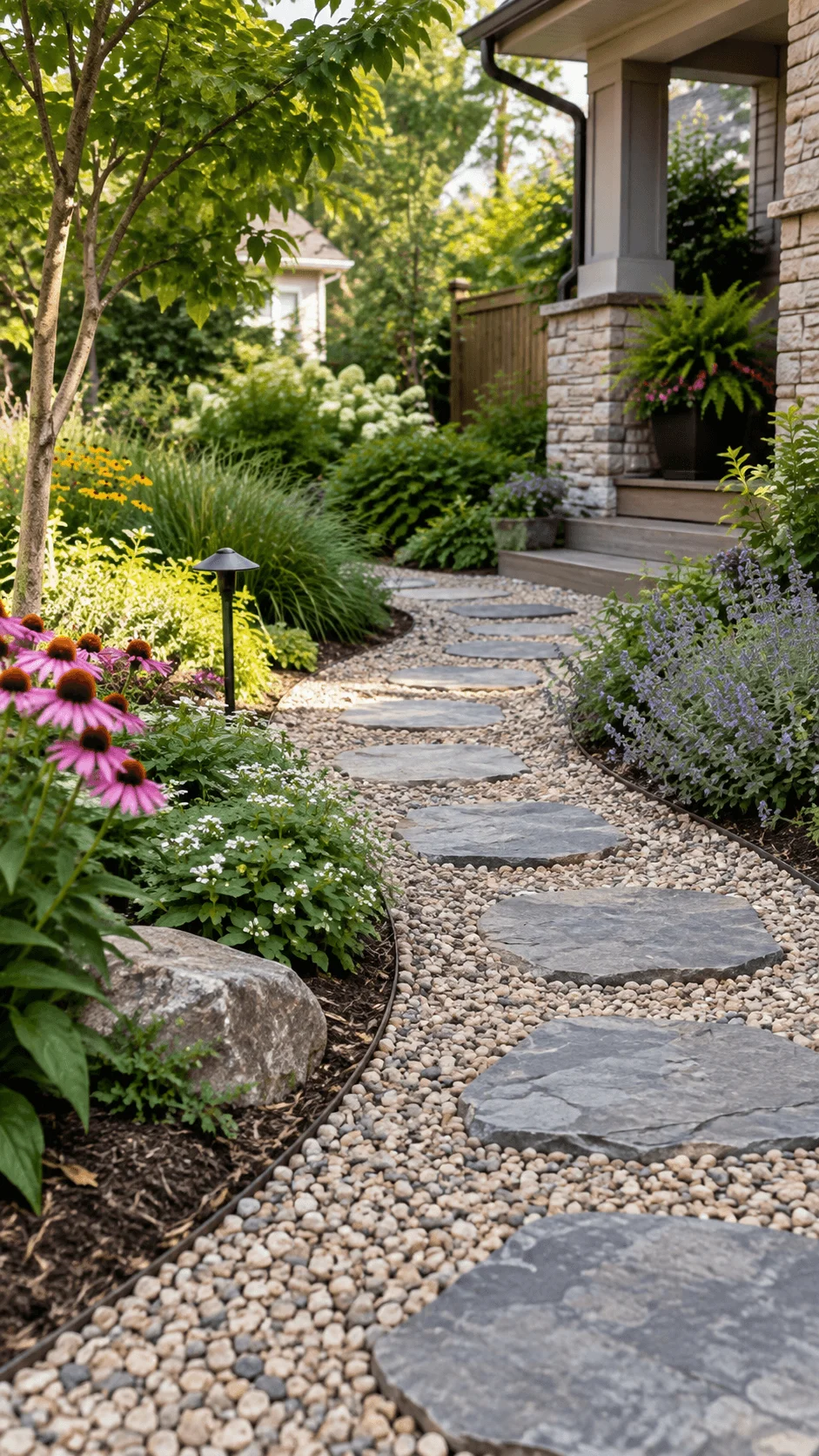 Eco friendly garden landscaping with permeable gravel pathway, large stepping stones, flowering plants, ornamental grasses, shrubs, natural rocks, and a shaded front yard entrance