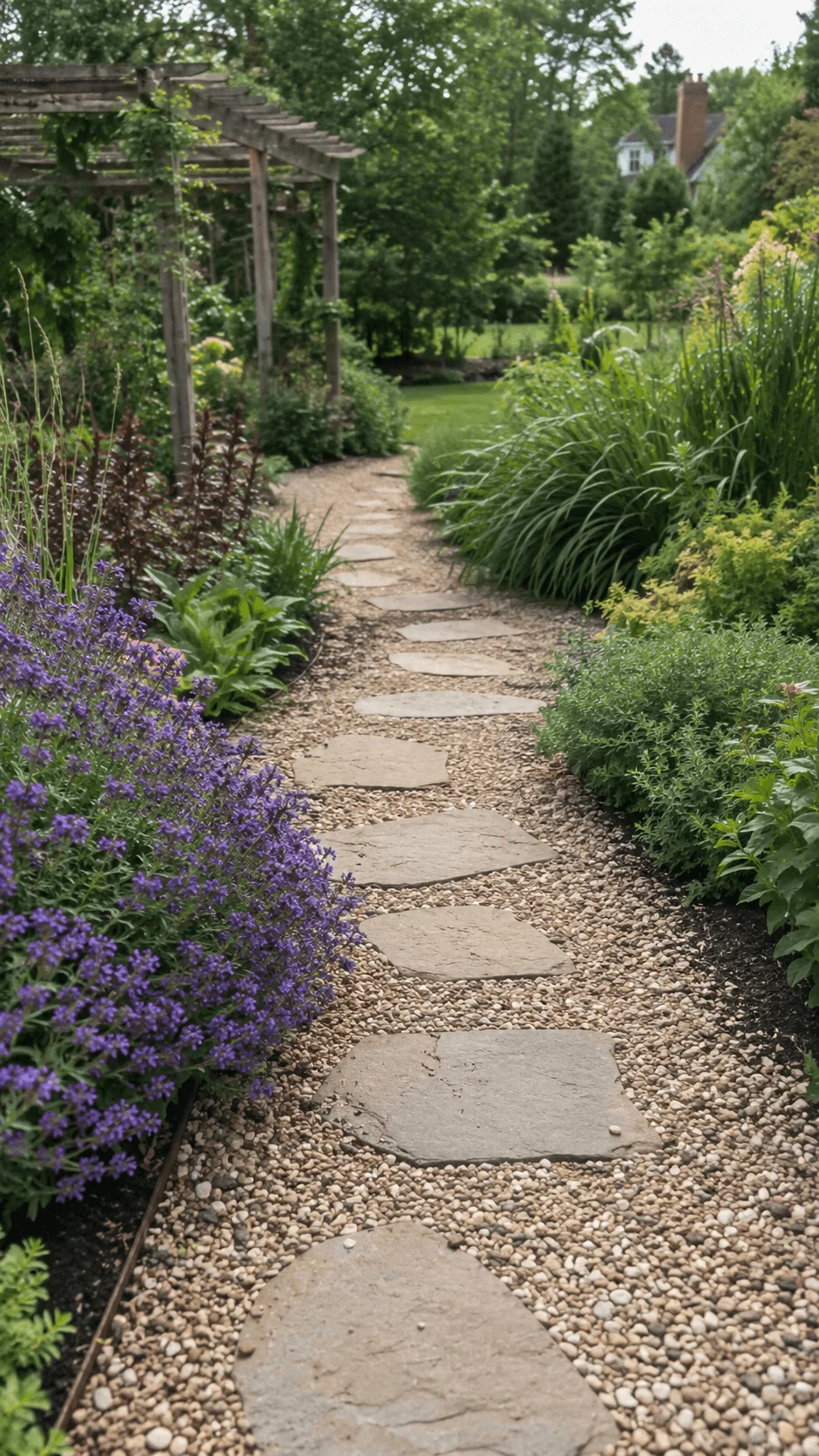 Permeable gravel garden path with natural stepping stones surrounded by lush flowering plants and ornamental grasses