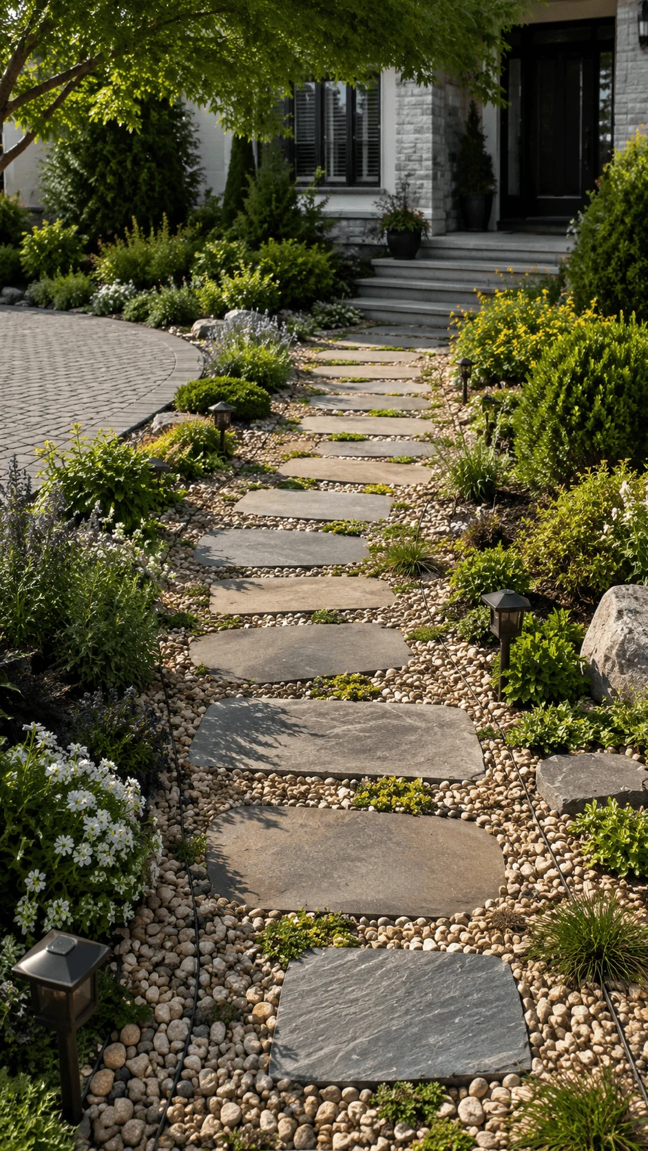 Permeable front garden pathway with large stepping stones gravel borders flowering plants and lush greenery leading to the house entrance