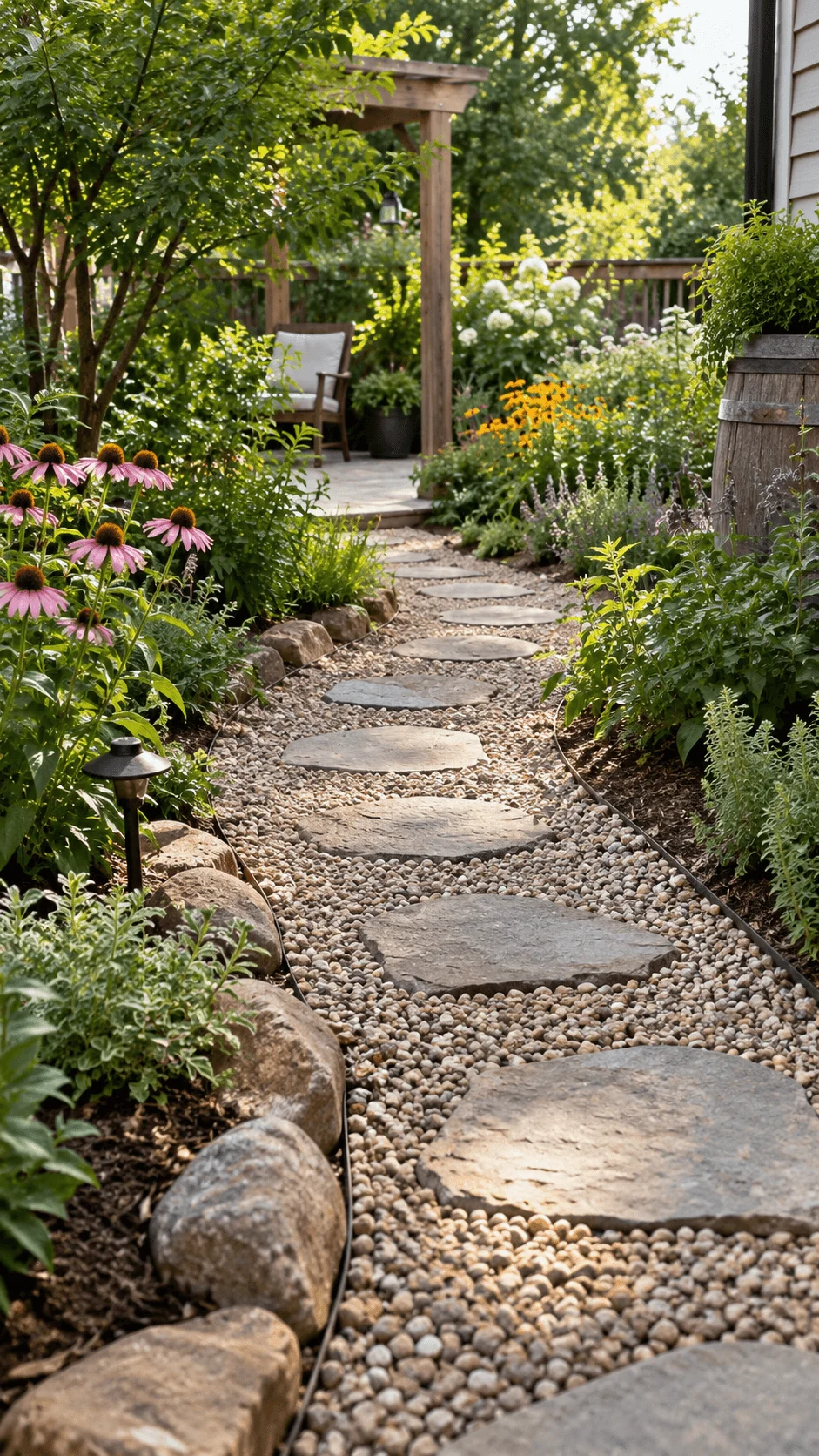 Permeable garden path with natural stone stepping stones, gravel, native flowers, lush greenery and sustainable backyard landscaping