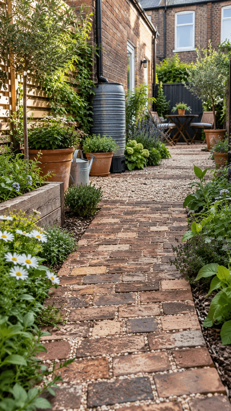 Permeable reclaimed brick pathway with gravel planting beds rainwater barrel container plants and seating in a narrow eco friendly terraced house garden