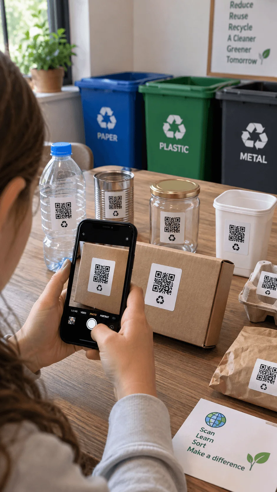 Person scanning QR codes on recyclable household items with a smartphone during an interactive waste sorting activity beside paper plastic and metal recycling bins