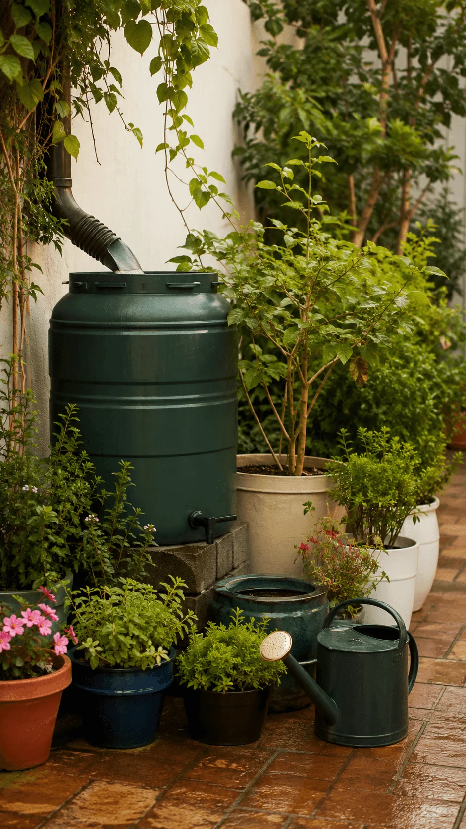 Rainwater collection barrel with watering can and container plants in a small eco friendly patio garden