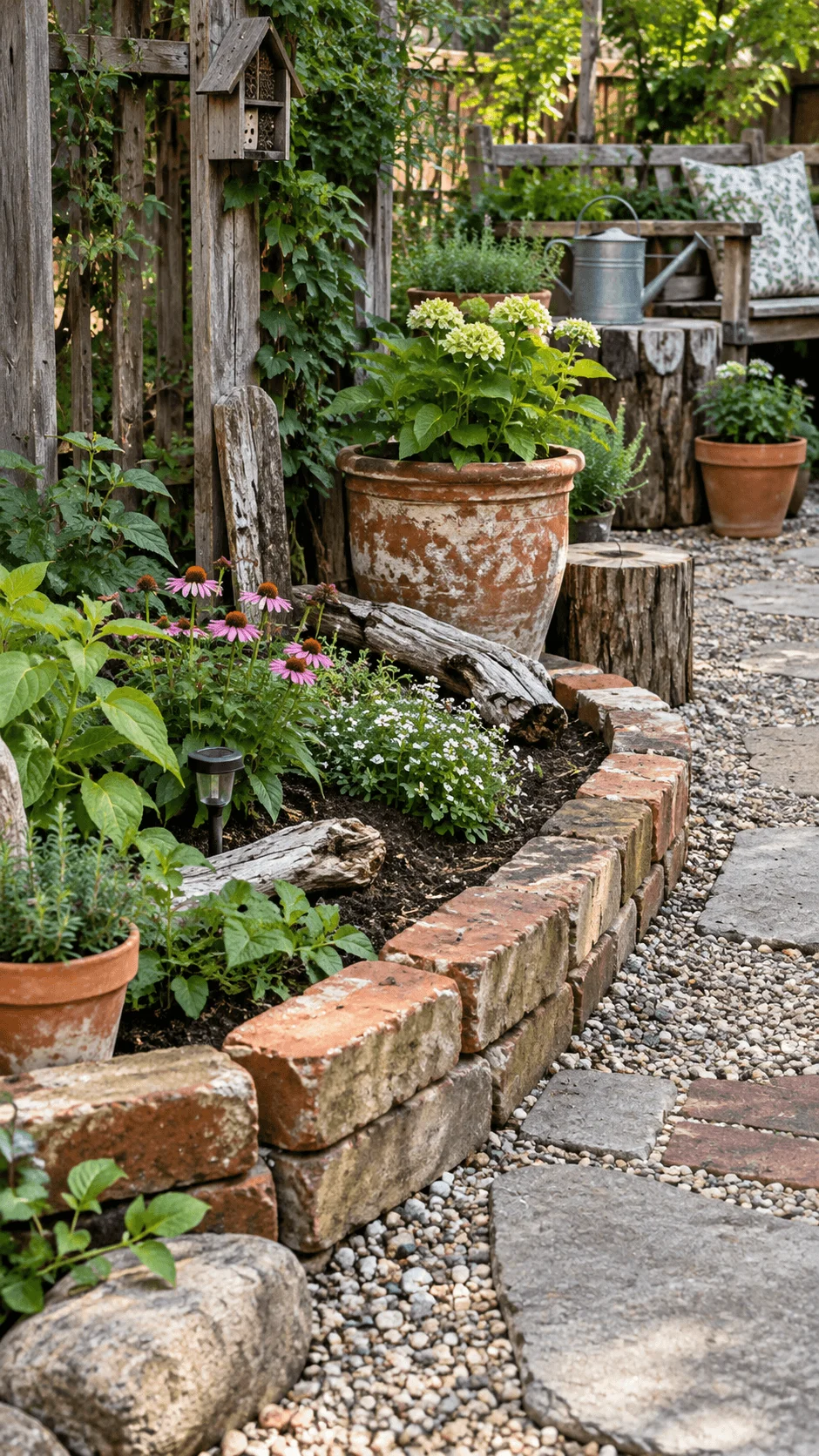 Garden designed with reclaimed bricks, natural stones, weathered wood, terracotta pots, logs, native flowers, and a gravel pathway