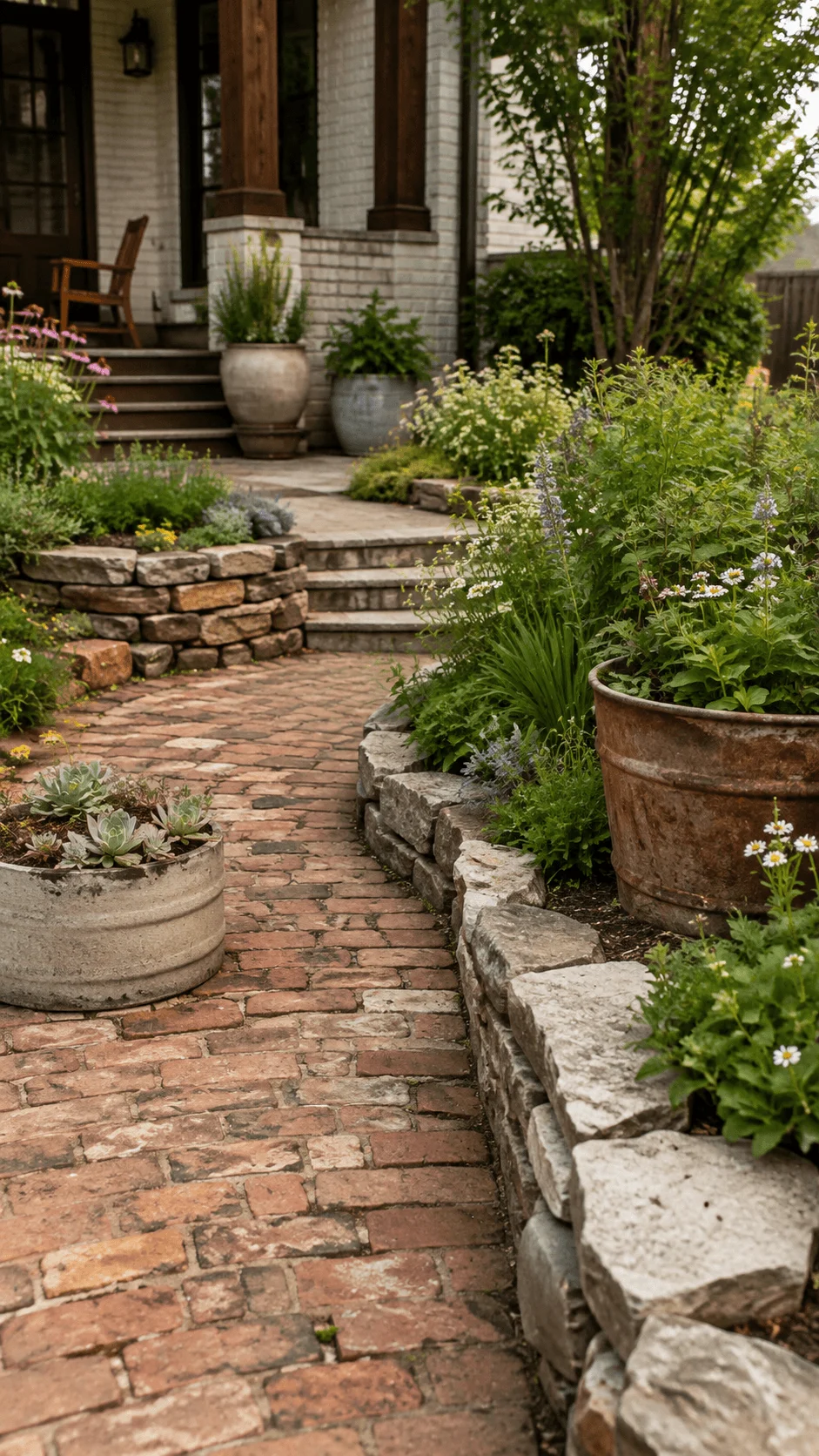 Reclaimed brick pathway with natural stone garden borders rustic planters flowering plants and lush greenery leading to a welcoming front porch