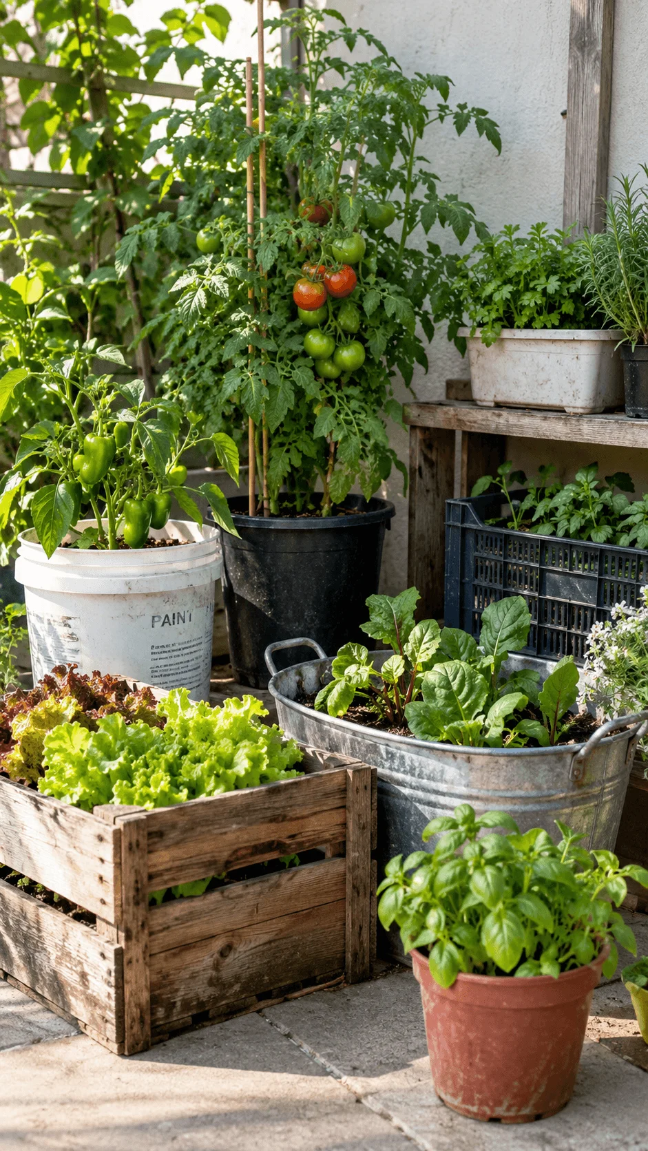Recycled container vegetable garden with tomatoes, peppers, lettuce, basil, herbs, wooden crates, buckets, metal tubs, and reused planters