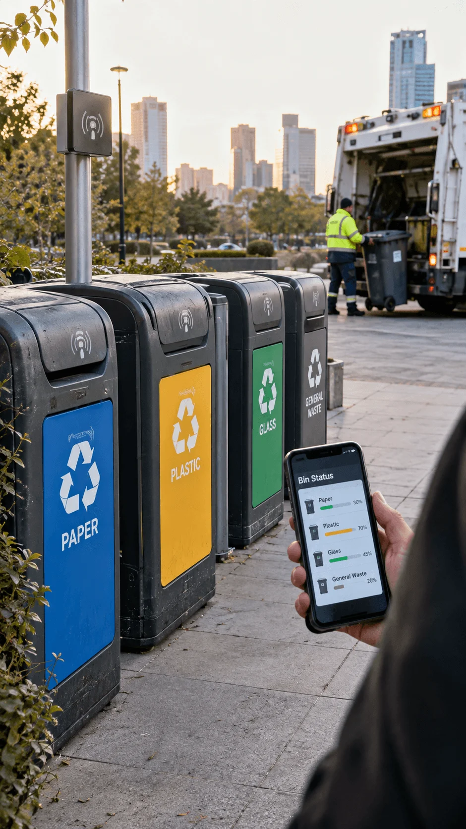 Smart recycling bins with sensors monitoring fill levels for paper plastic glass and general waste while a smartphone displays bin status during urban waste collection