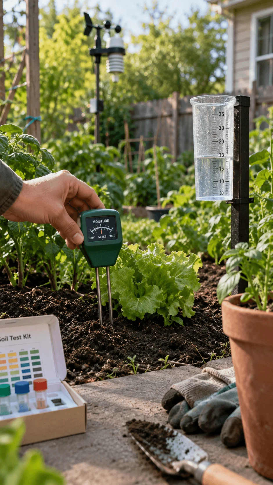 Smart soil and water monitoring in a vegetable garden with a soil moisture meter, rain gauge, weather sensor, soil test kit, lettuce, herbs, and gardening tools