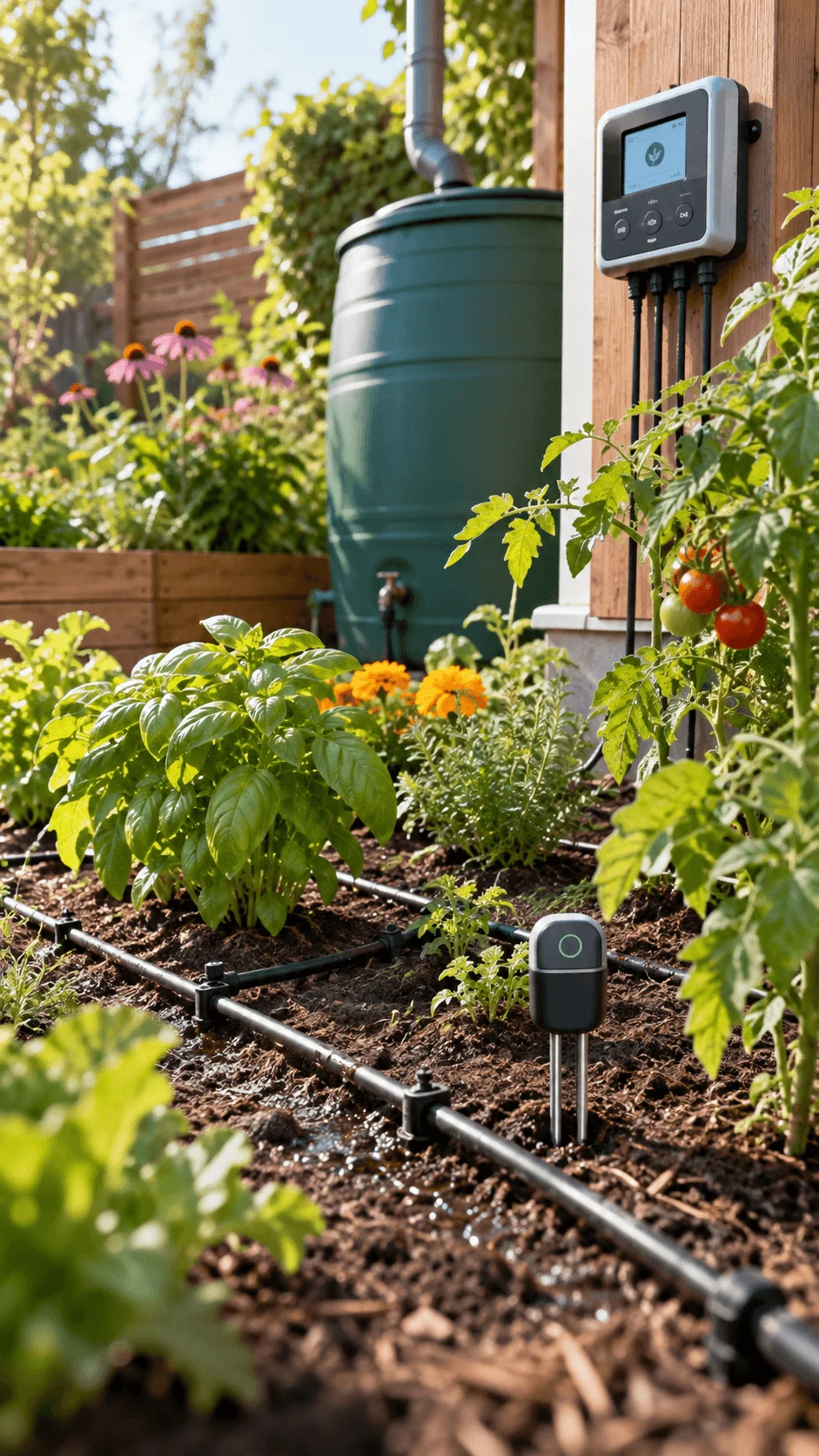 Smart water saving garden with drip irrigation, soil moisture sensor, digital watering controller, rain barrel, vegetables, herbs and flowering plants