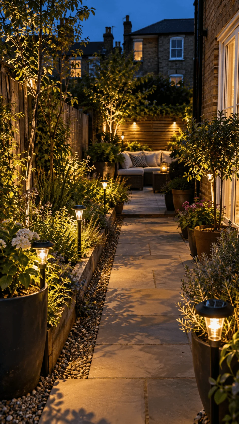 Solar and low energy lighting illuminating a narrow terraced house garden with pathway lights lush planting trees and a cozy seating area at night