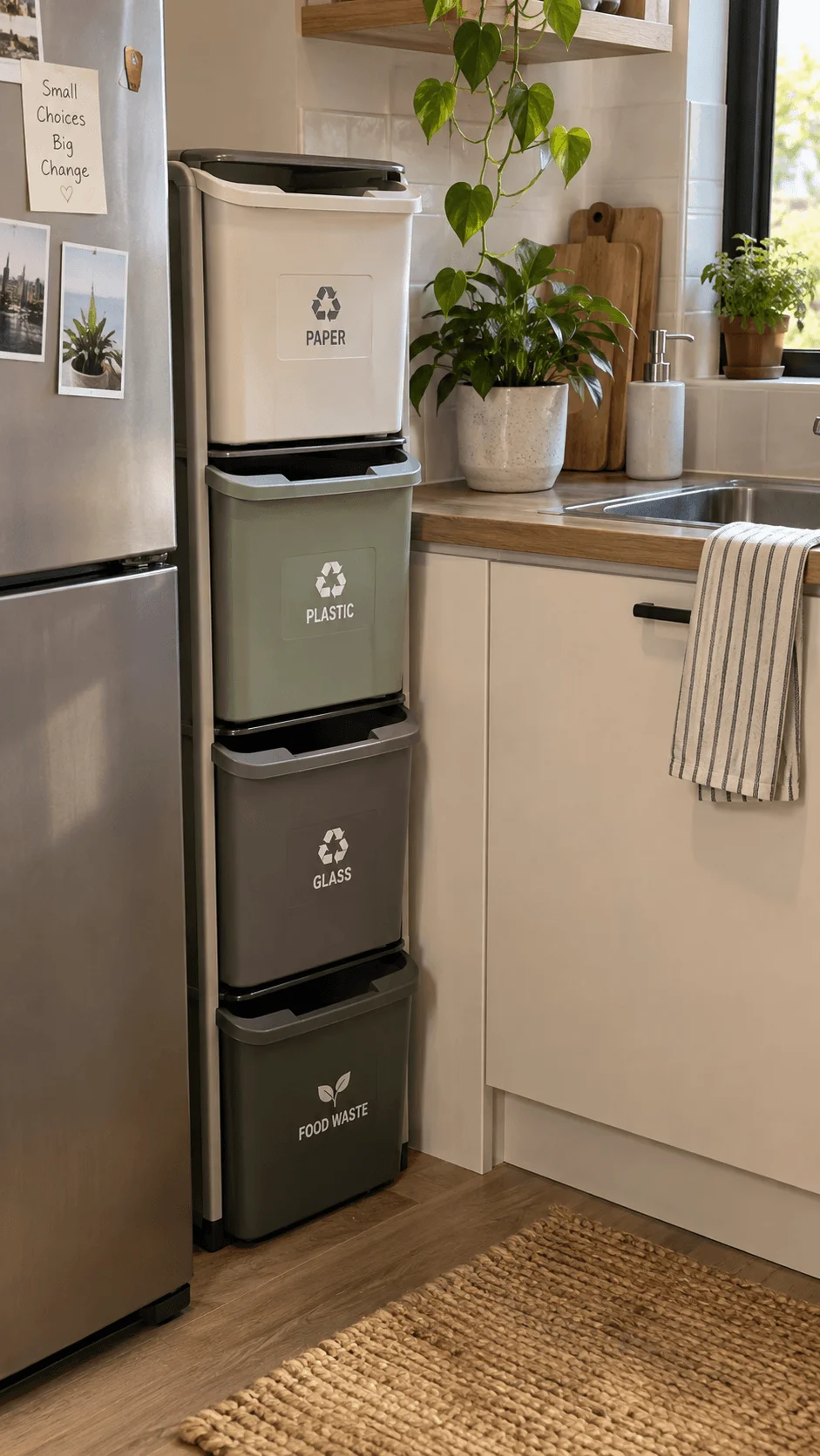 Vertical sustainable waste sorting bins for paper plastic glass and food waste designed to save space in a small modern kitchen