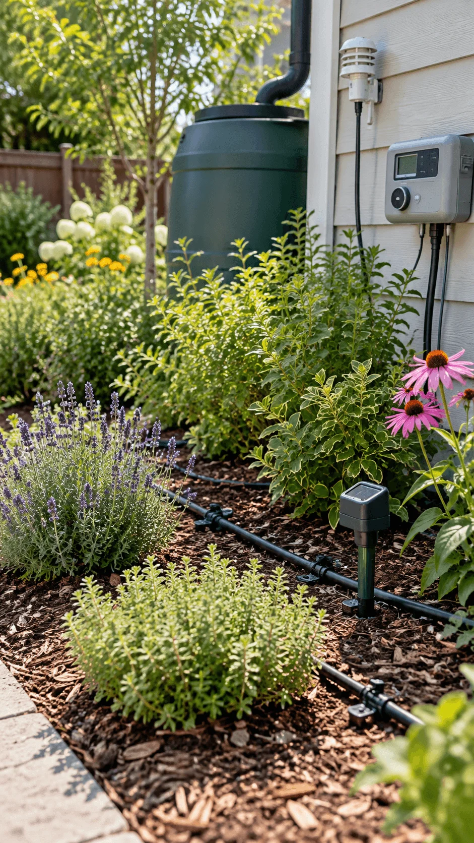Eco friendly low maintenance garden with drip irrigation, rainwater barrel, moisture sensors, flowering plants, shrubs, and smart water saving technology