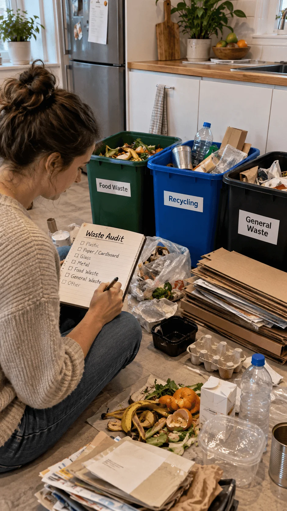 Woman conducting a household waste audit by sorting food waste recycling cardboard plastic and general waste while recording the results on a checklist.