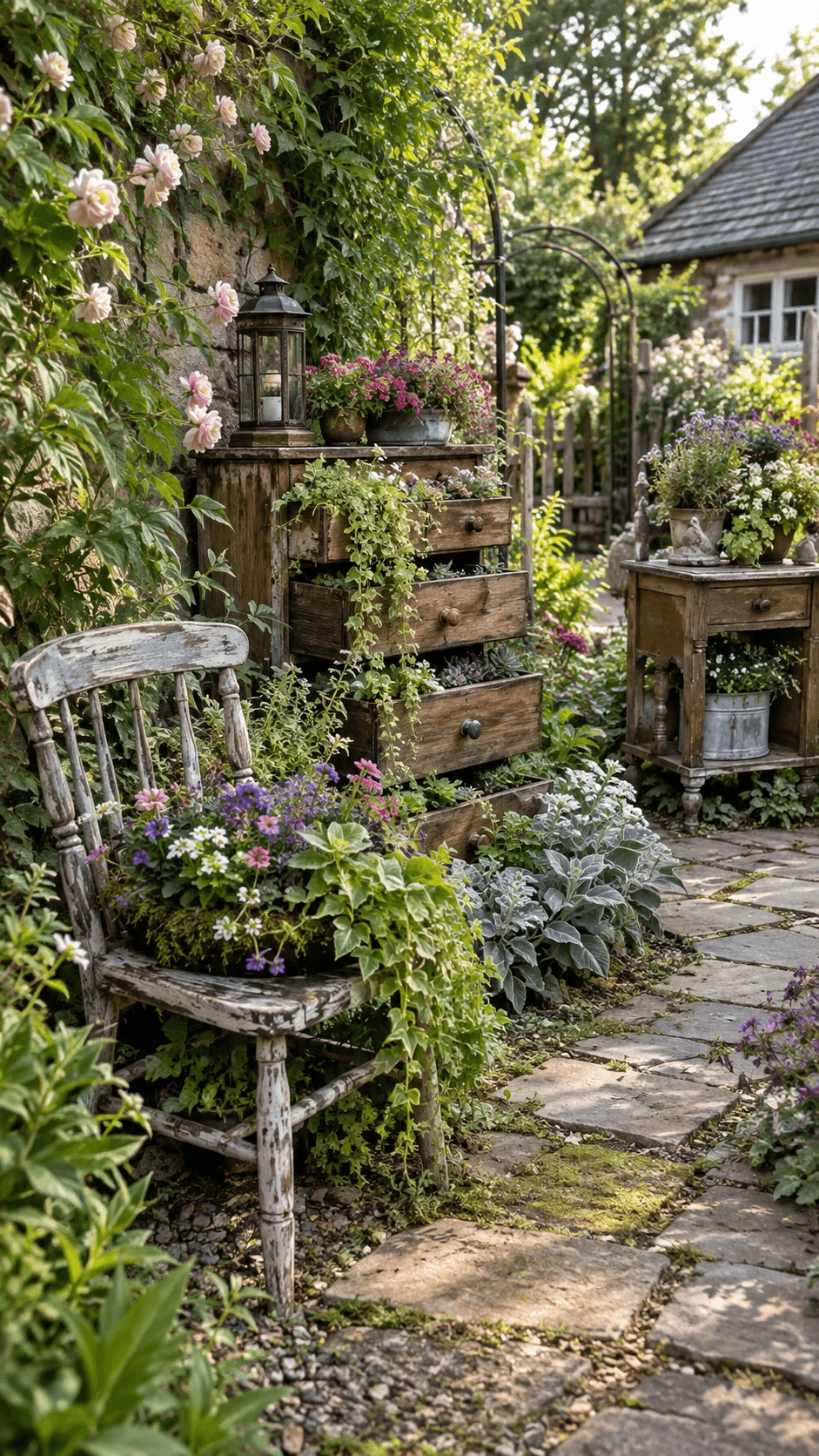 Vintage furniture garden planters made from an old wooden chair chest of drawers and side table filled with colorful flowers trailing plants and lush greenery in a rustic cottage garden
