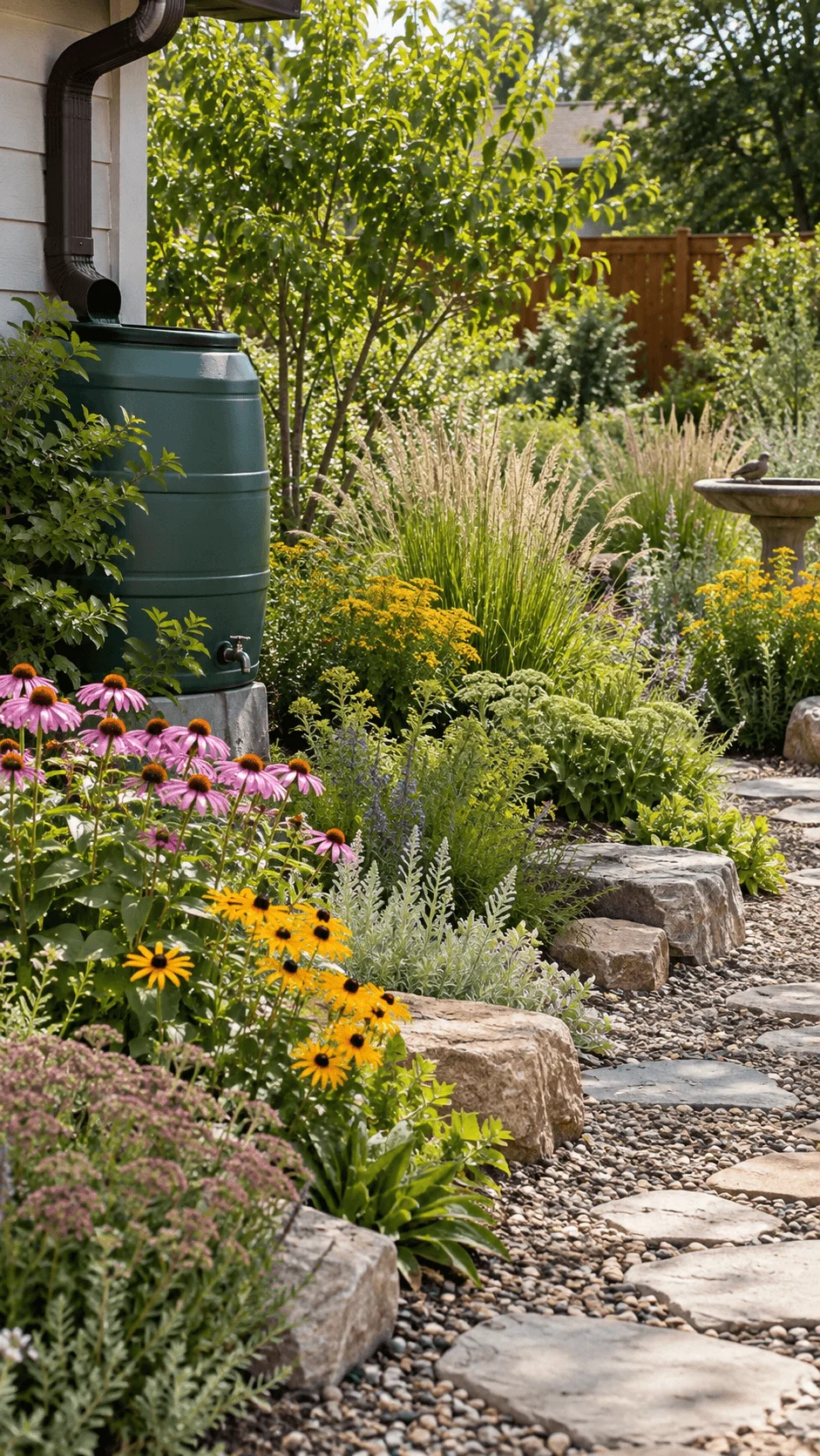 Water saving native garden with rain barrel, colorful native flowers, ornamental grasses, natural rocks, stepping stone path, and birdbath surrounded by lush greenery