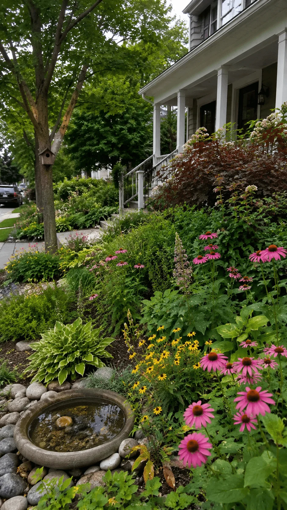 Wildlife friendly front yard garden with native flowers birdhouse shallow water basin shrubs and mature trees