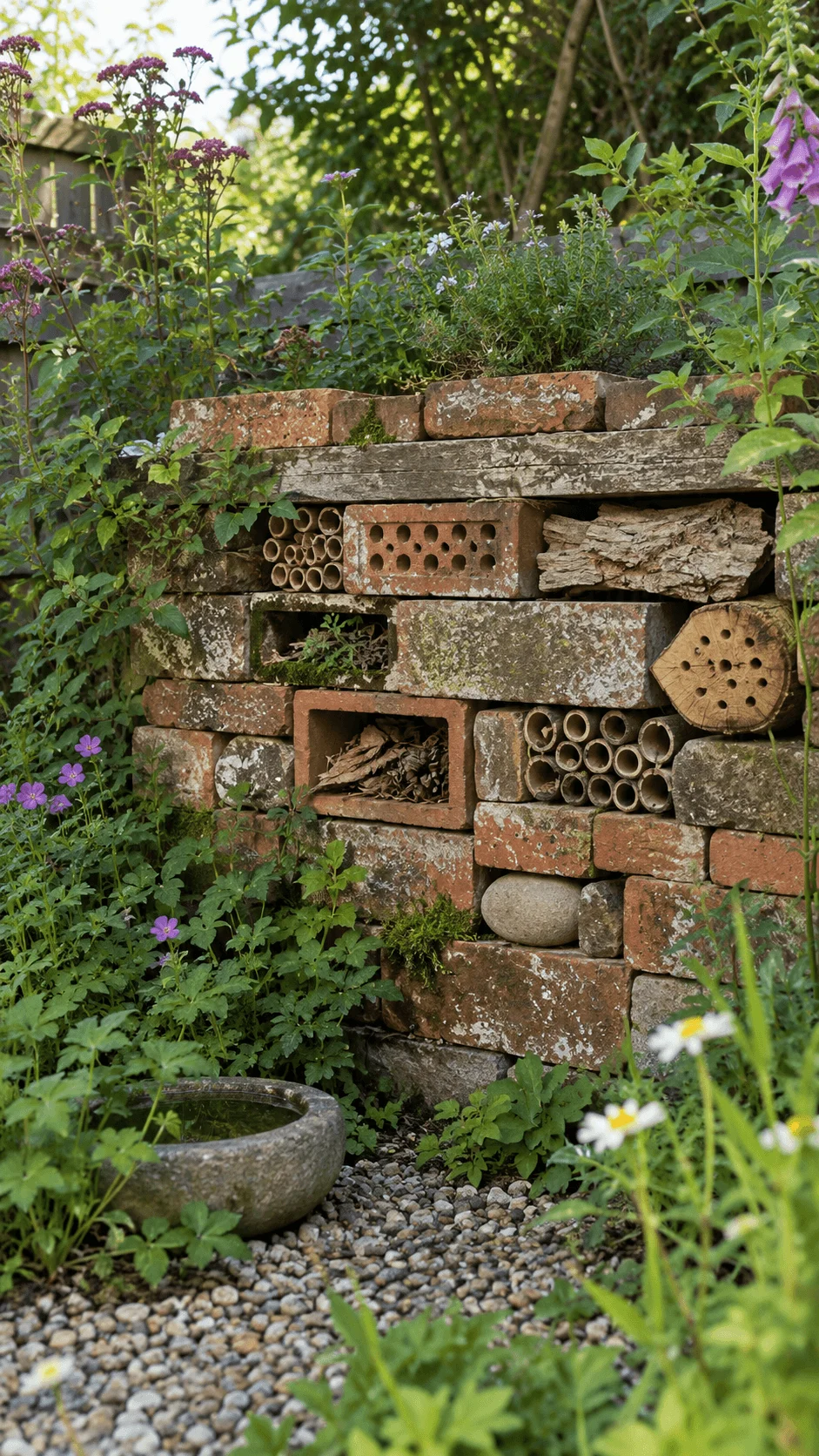 Wildlife friendly reclaimed brick habitat wall filled with hollow stems wood bark stones and nesting spaces surrounded by lush flowering plants and greenery