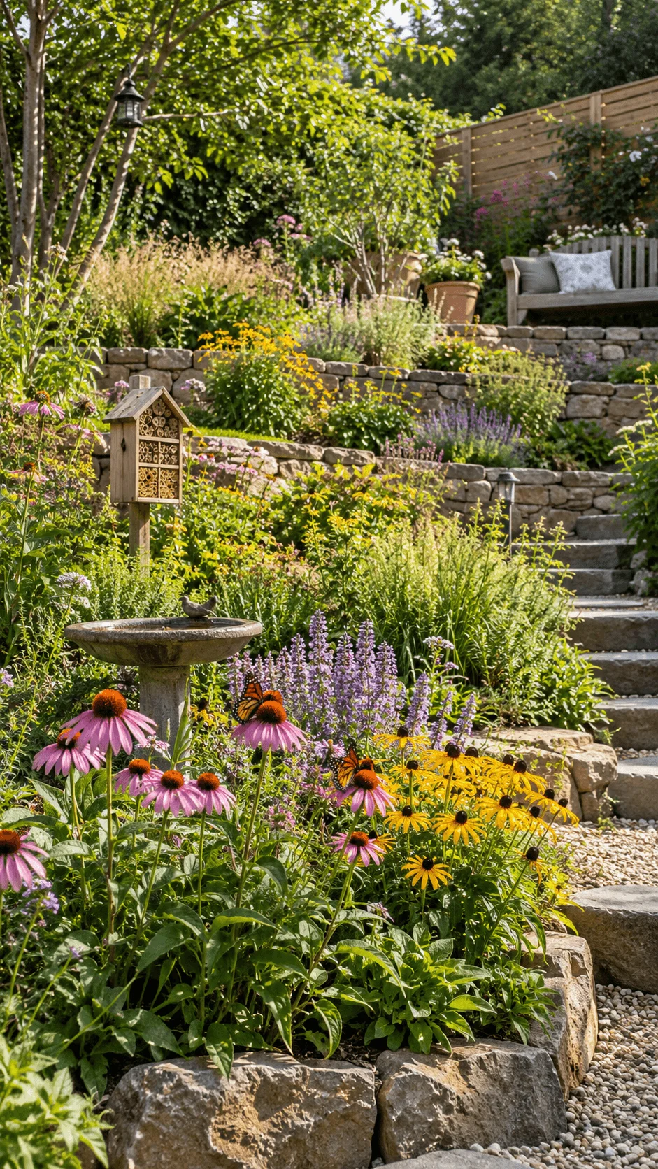 Wildlife friendly terraced backyard with colorful pollinator flowers, butterflies, a birdbath, insect hotel, natural stone retaining walls, garden steps, trees, and lush layered planting