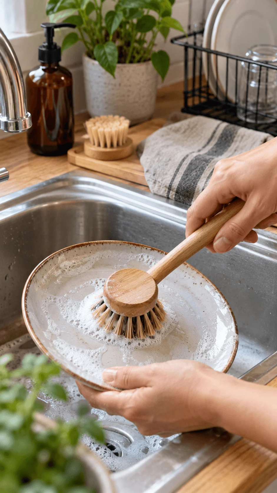 Wooden dish brush with natural bristles cleaning a soapy plate in a kitchen sink with reusable cleaning tools and plants nearby.